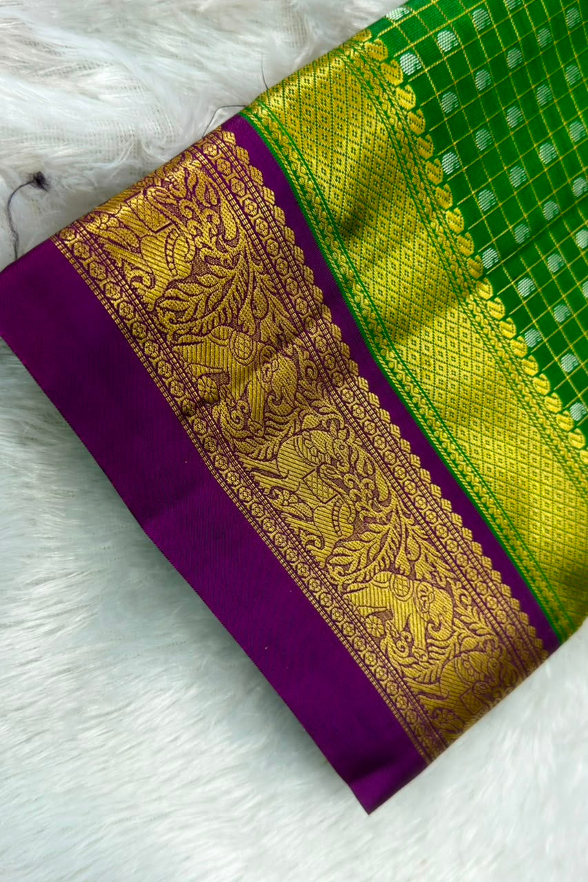 Green Pure Silk Check Saree with Purple Peacock Zari Border