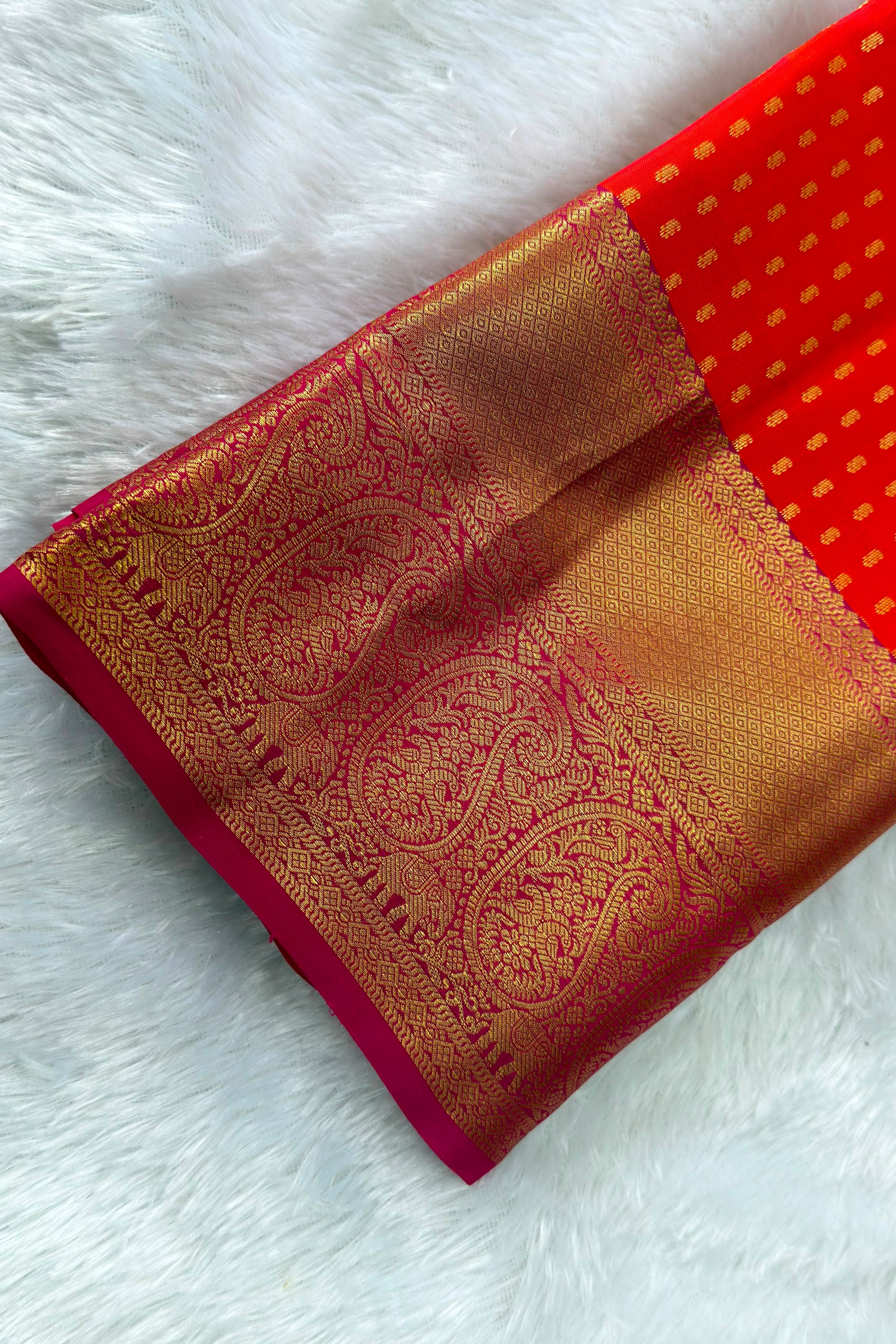 Red Orange Pure Silk Saree with Gold Paisley Zari Border