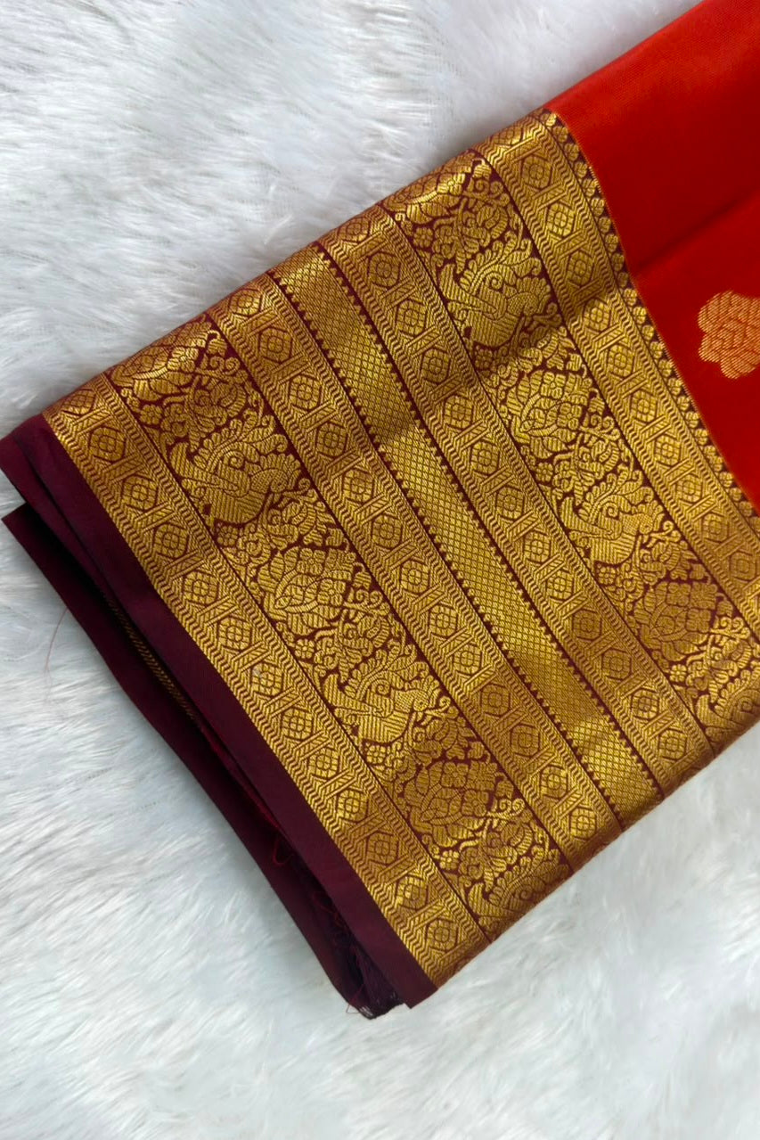 Rust Orange Pure Silk Saree with Gold Peacock Zari Border and Butis