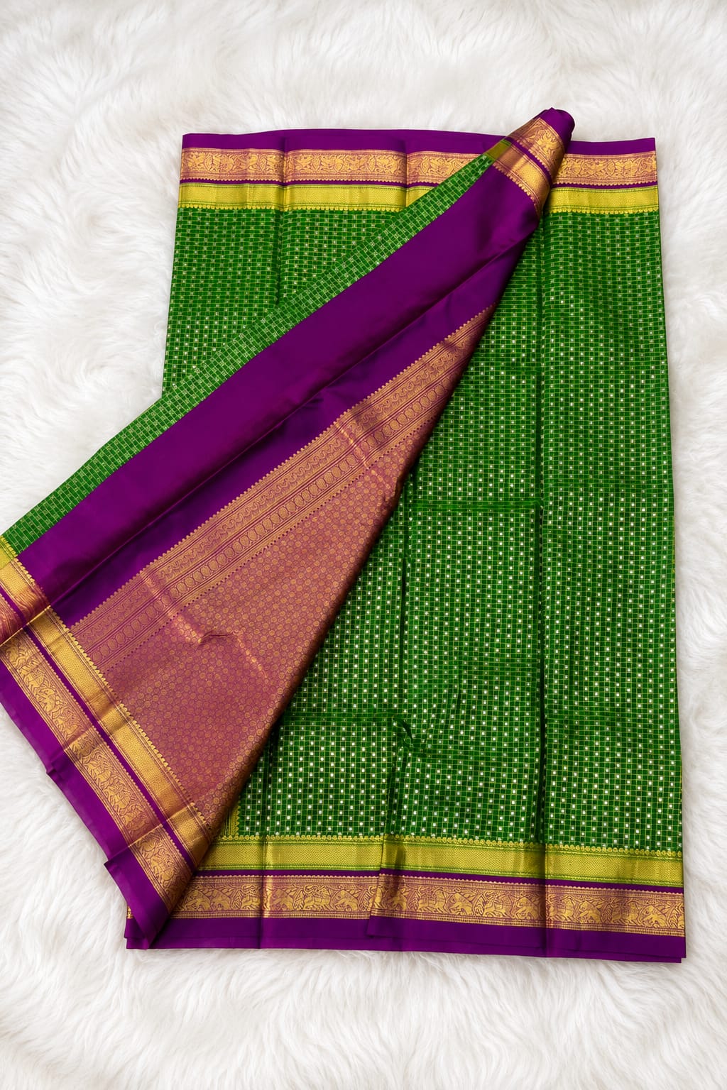 Green Pure Silk Check Saree with Purple Peacock Zari Border