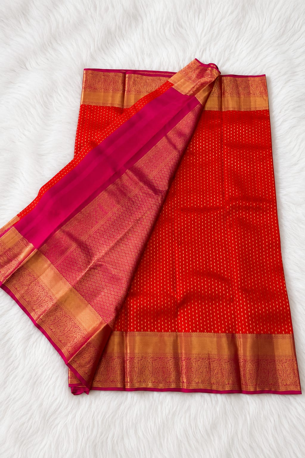 Red Orange Pure Silk Saree with Gold Paisley Zari Border