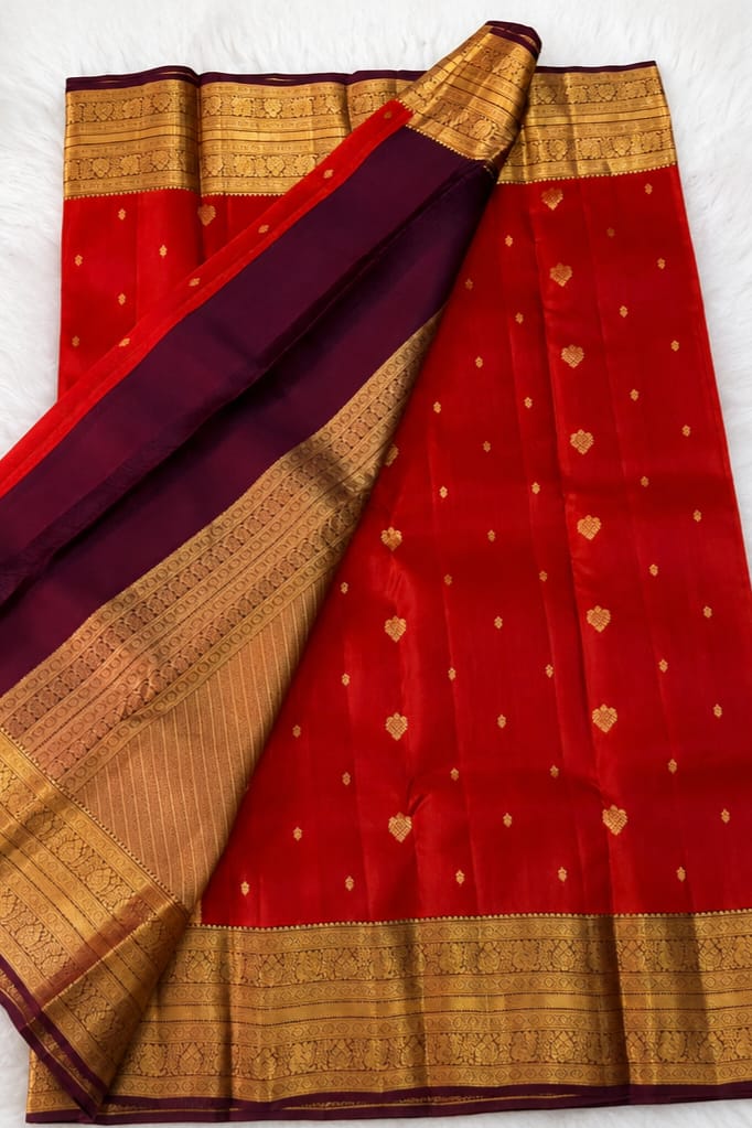 Rust Orange Pure Silk Saree with Gold Peacock Zari Border and Butis