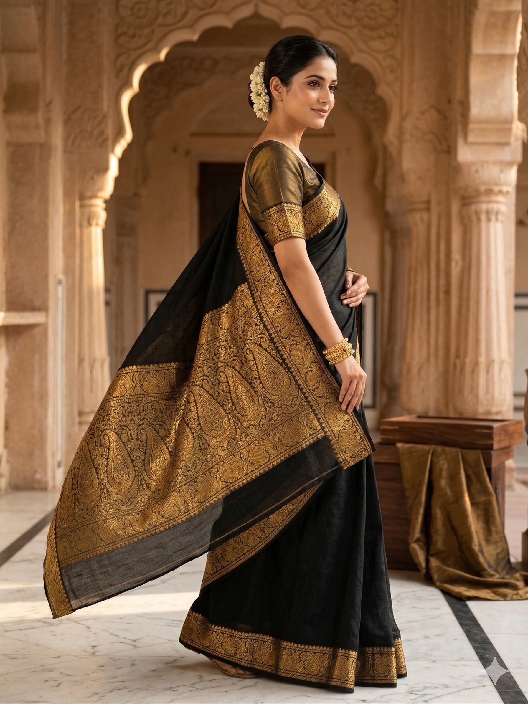 Majestic Midnight Black Saree with Heritage Gold Zari Border