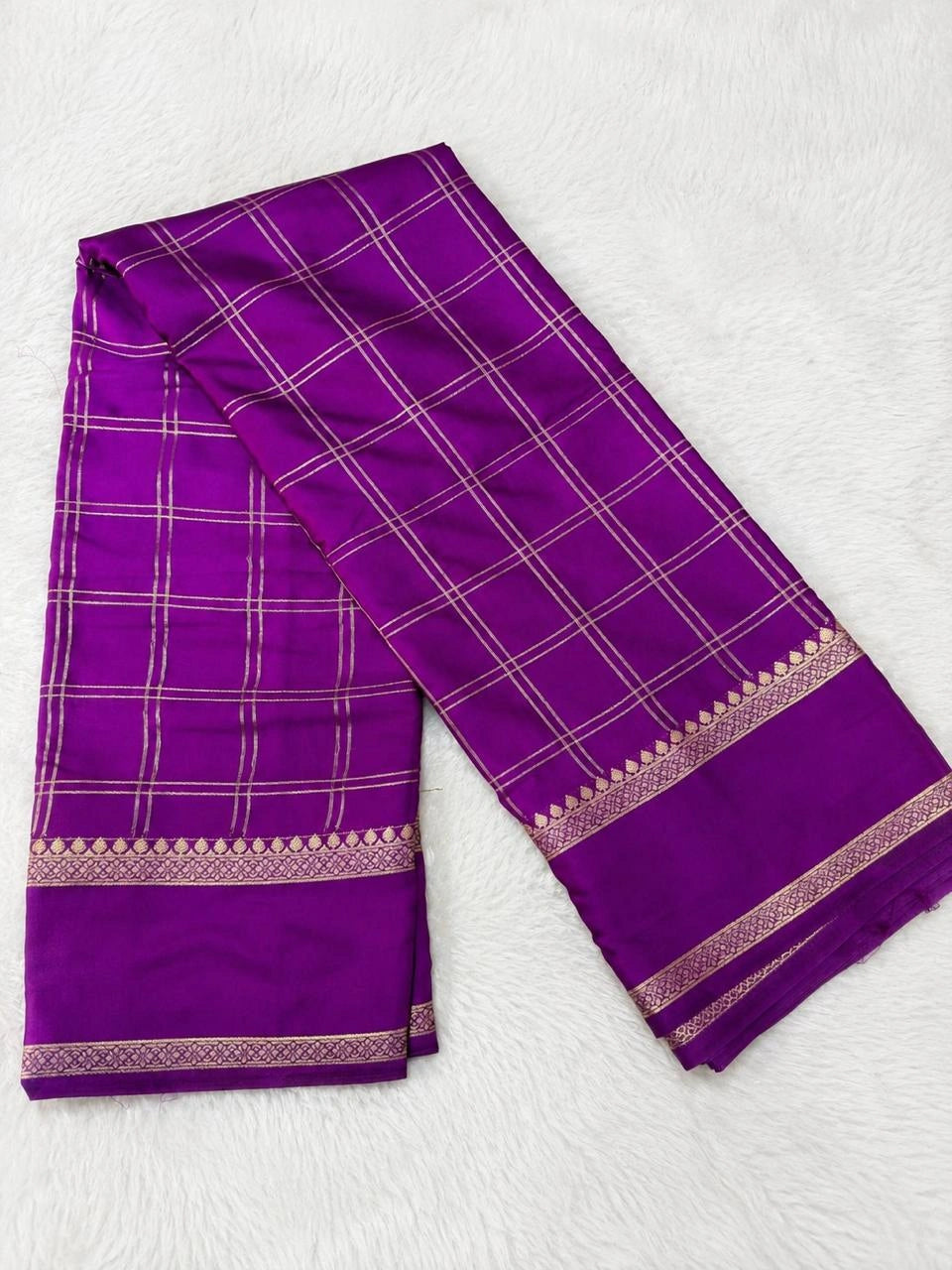 Vibrant Violet Semi Crepe Silk Saree with Gold Zari Grid Checks