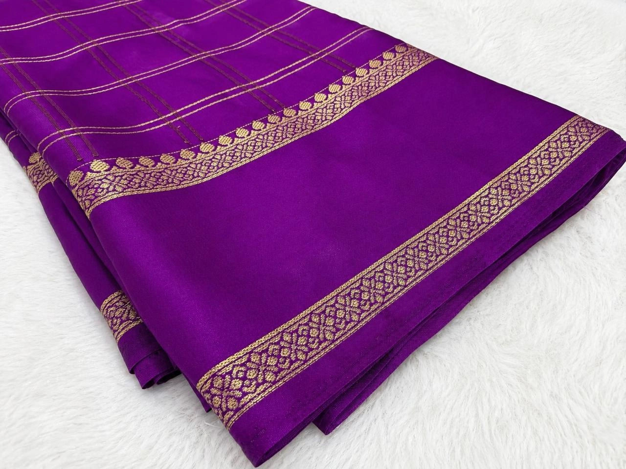 Vibrant Violet Semi Crepe Silk Saree with Gold Zari Grid Checks