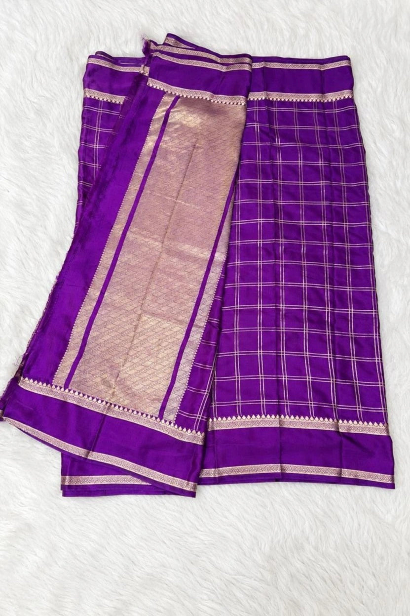 Vibrant Violet Semi Crepe Silk Saree with Gold Zari Grid Checks