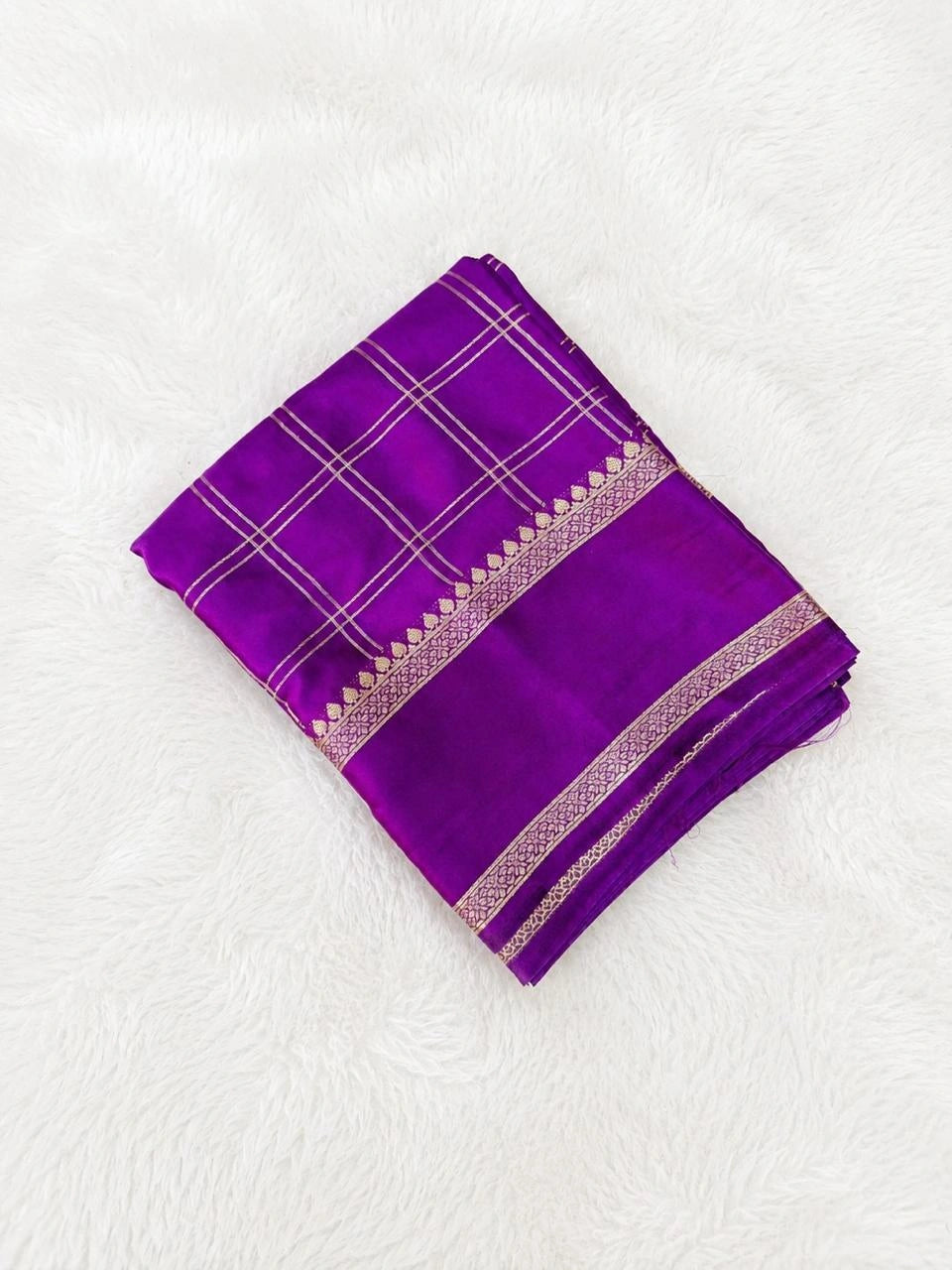 Vibrant Violet Semi Crepe Silk Saree with Gold Zari Grid Checks