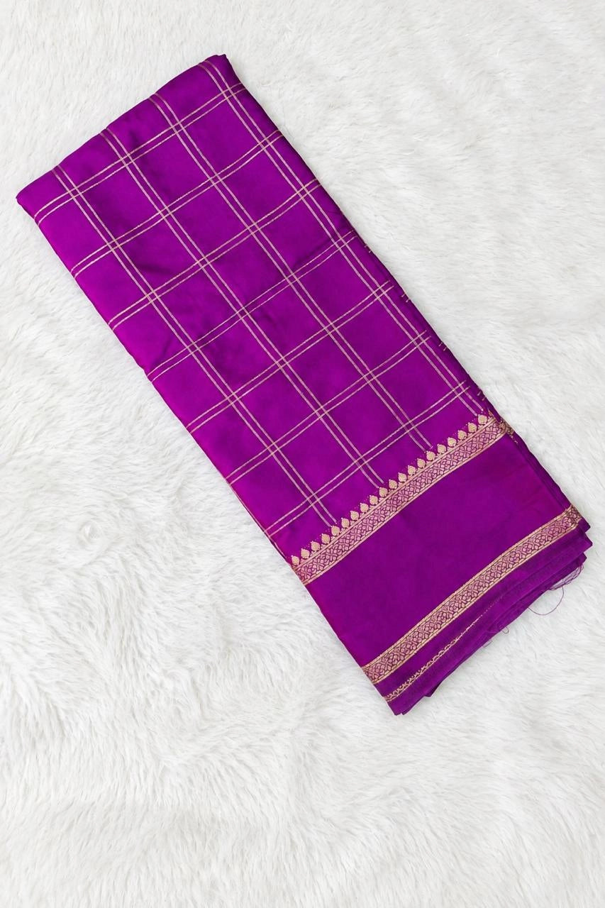 Vibrant Violet Semi Crepe Silk Saree with Gold Zari Grid Checks