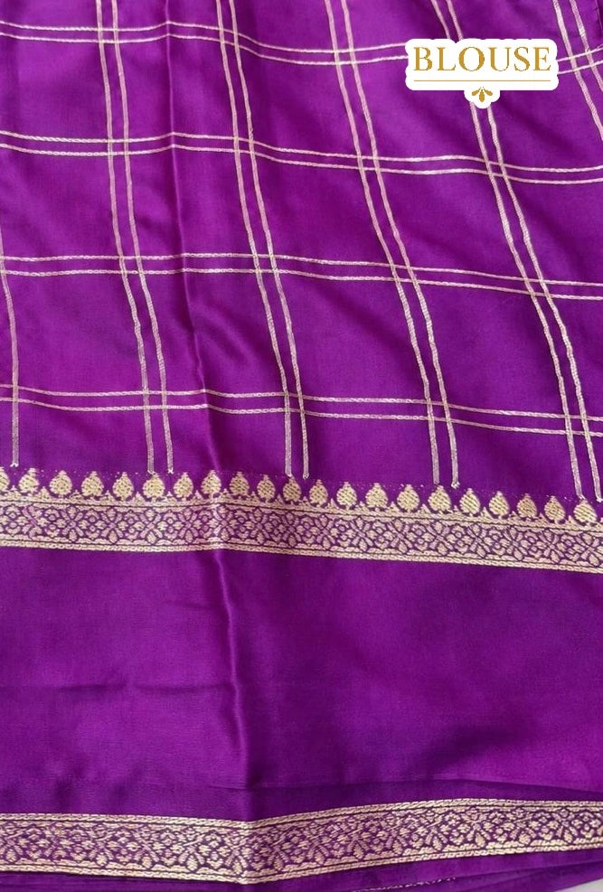 Vibrant Violet Semi Crepe Silk Saree with Gold Zari Grid Checks