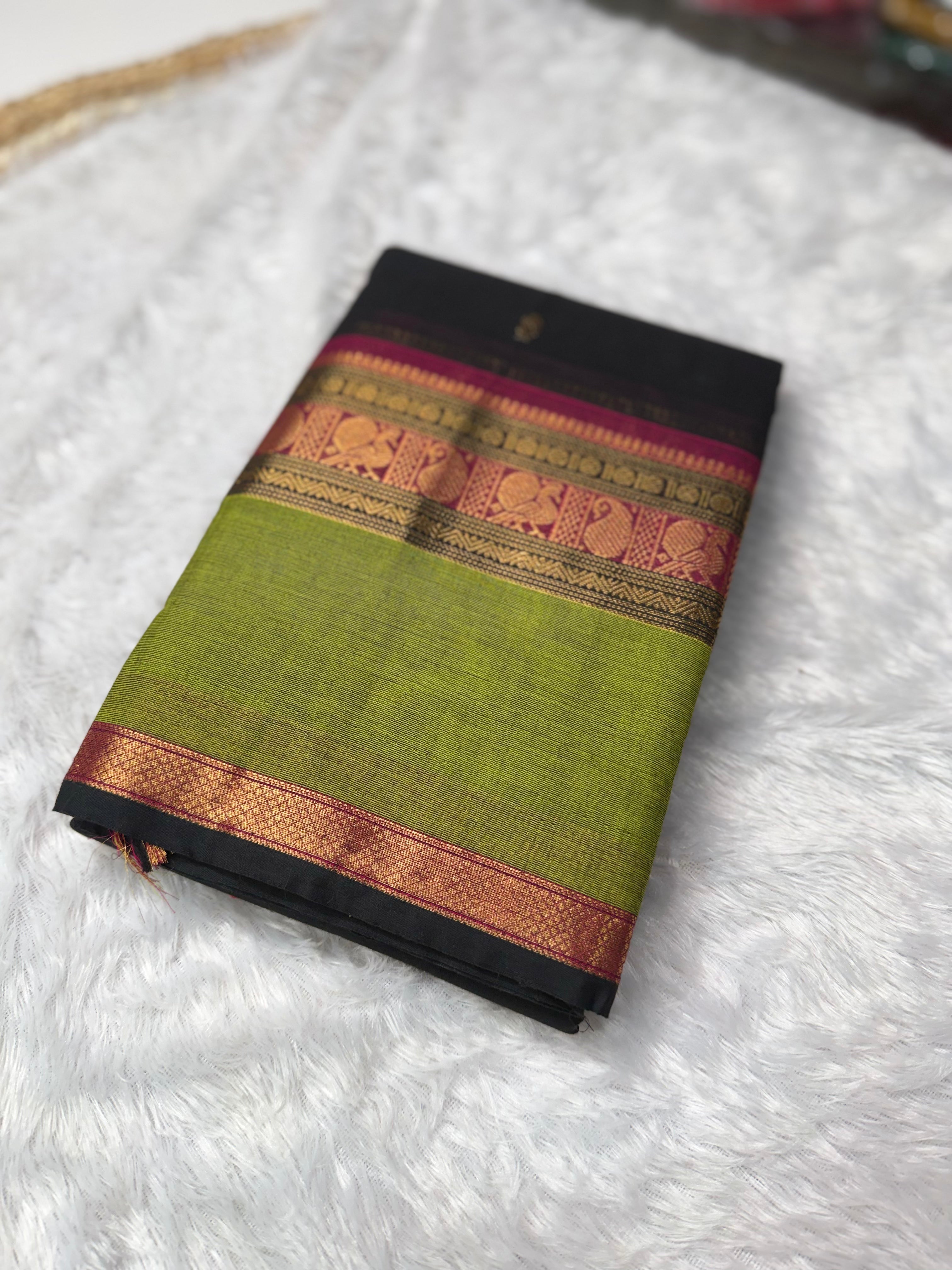 Karaikudi Handloom Cotton Saree – Black & Olive Green with Zari Border