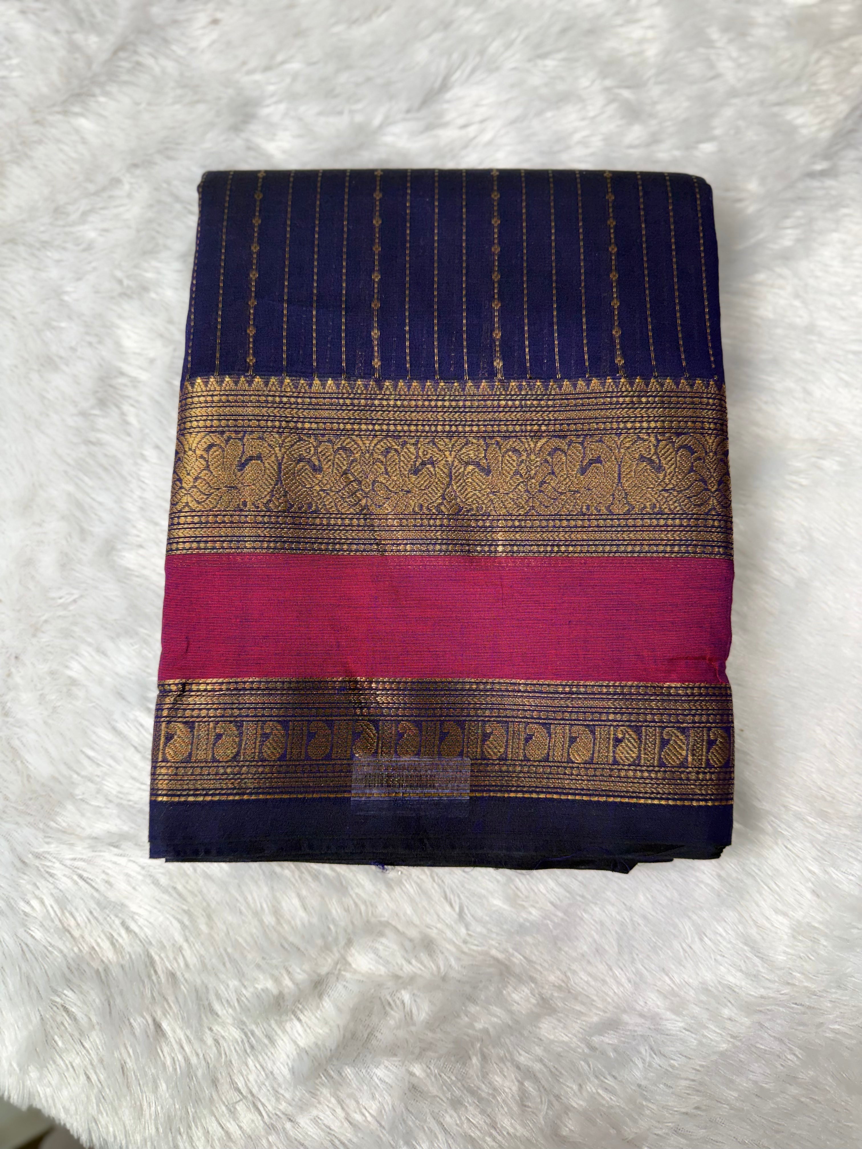 Karaikudi Handloom Cotton Saree – Royal Blue & Magenta with Traditional Gold Zari