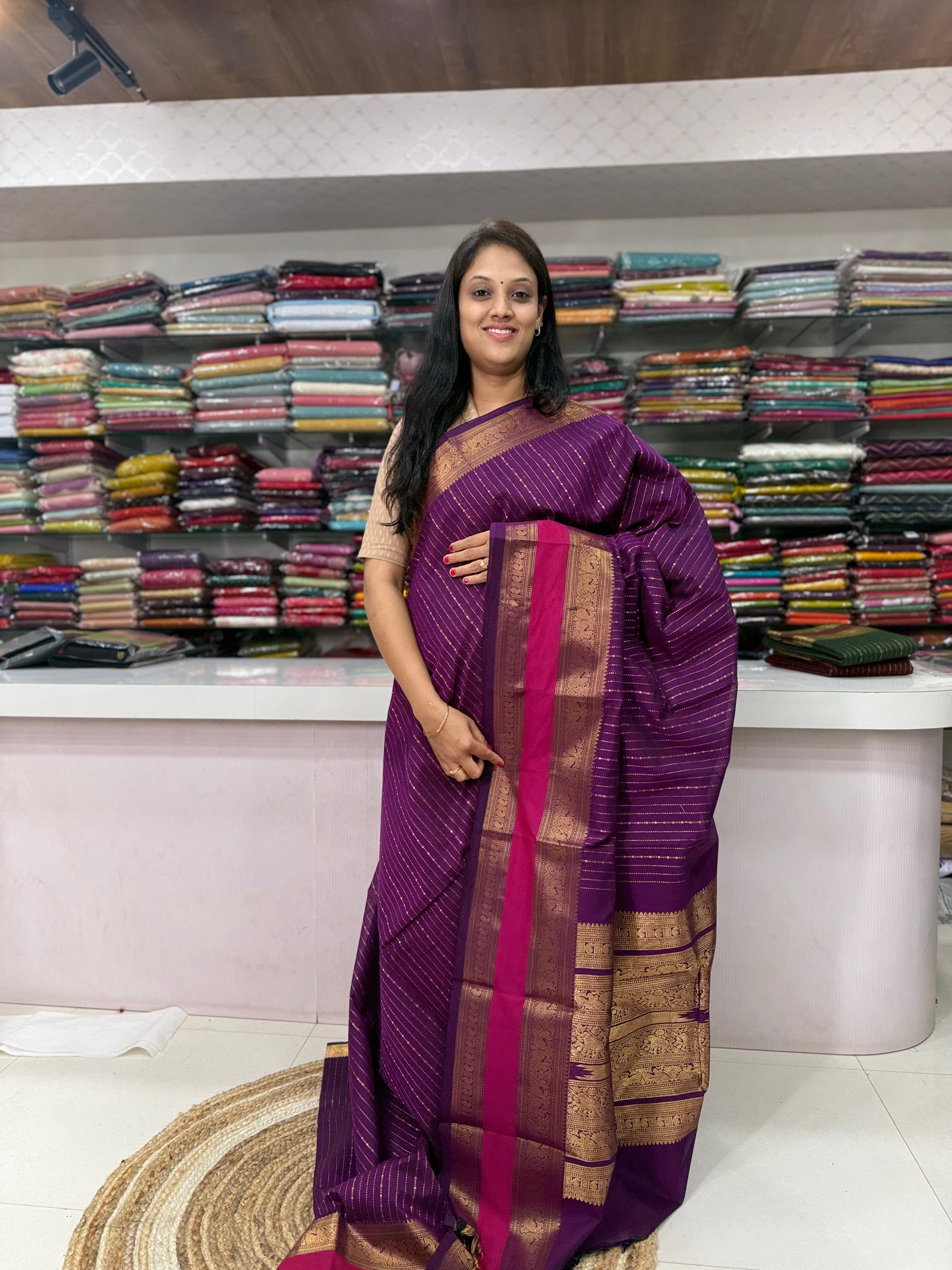 Regal Amethyst Purple Saree with Gold Zari Stripes