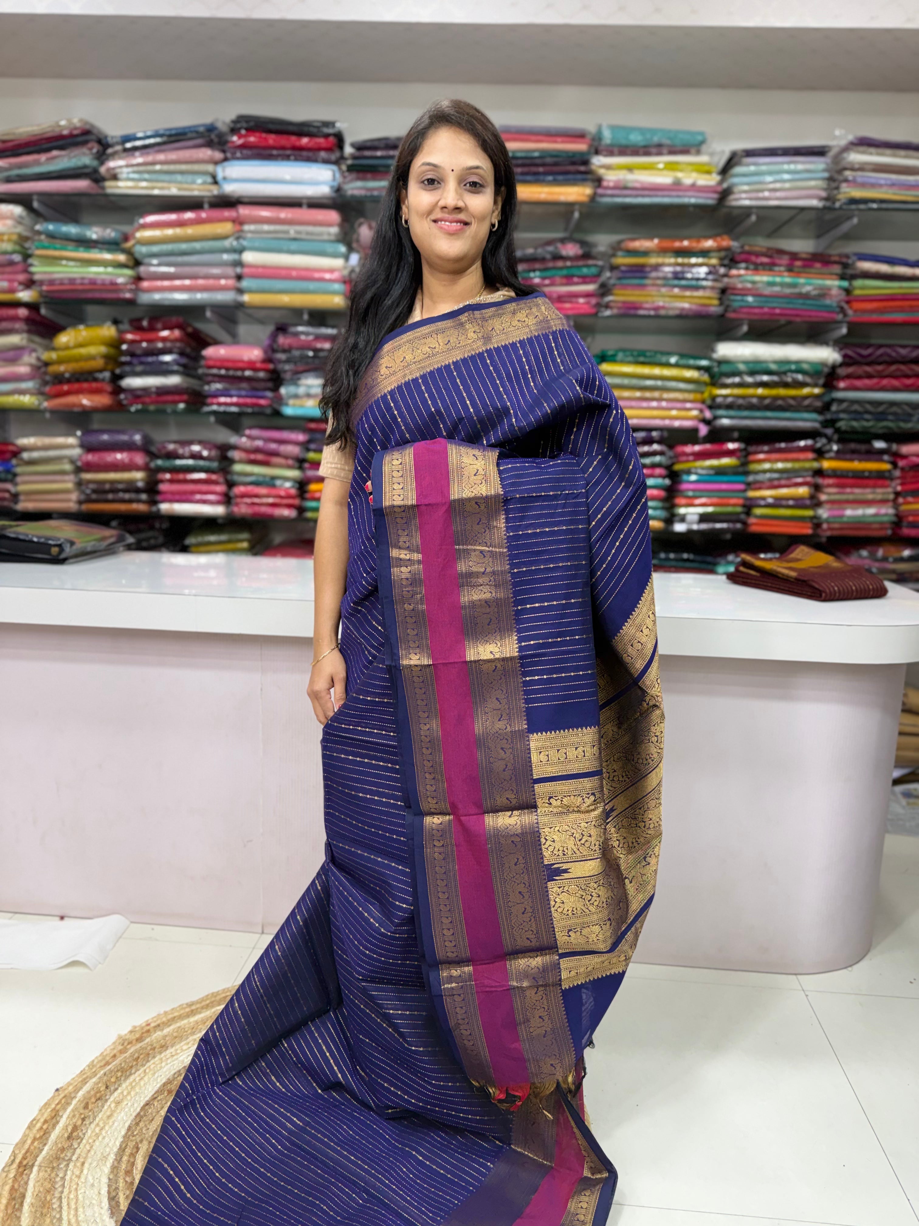 Karaikudi Handloom Cotton Saree – Royal Blue & Magenta with Traditional Gold Zari