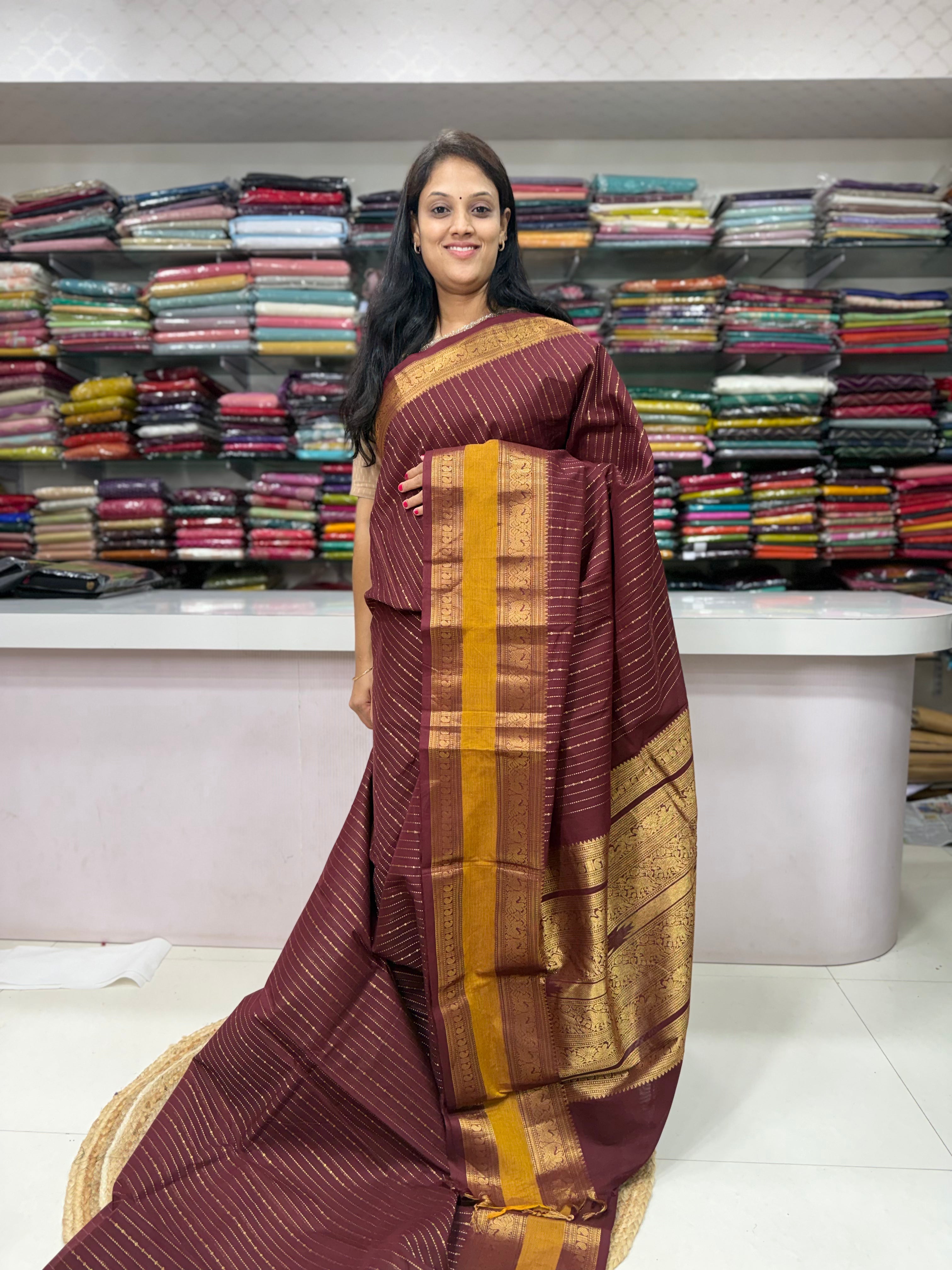 Karaikudi Handloom Cotton Saree – Maroon & Mustard Gold with Traditional Zari Border