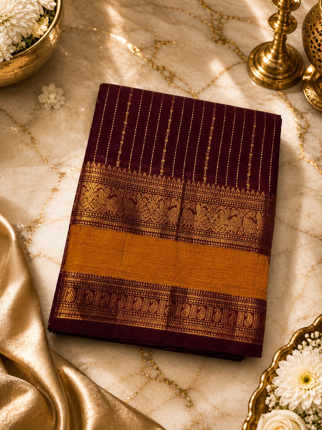 Karaikudi Handloom Cotton Saree – Maroon & Mustard Gold with Traditional Zari Border