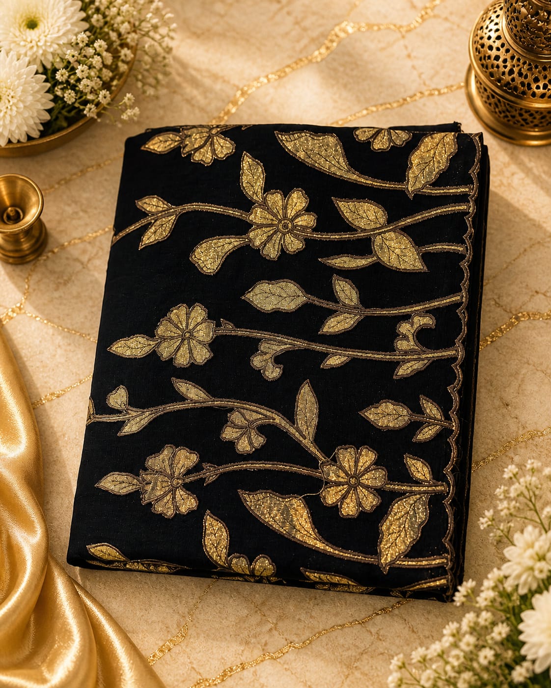 Black Kota Saree with Floral Applique Work