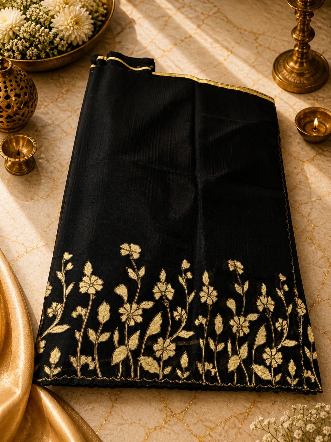 Black Kota Saree with Floral Applique Work
