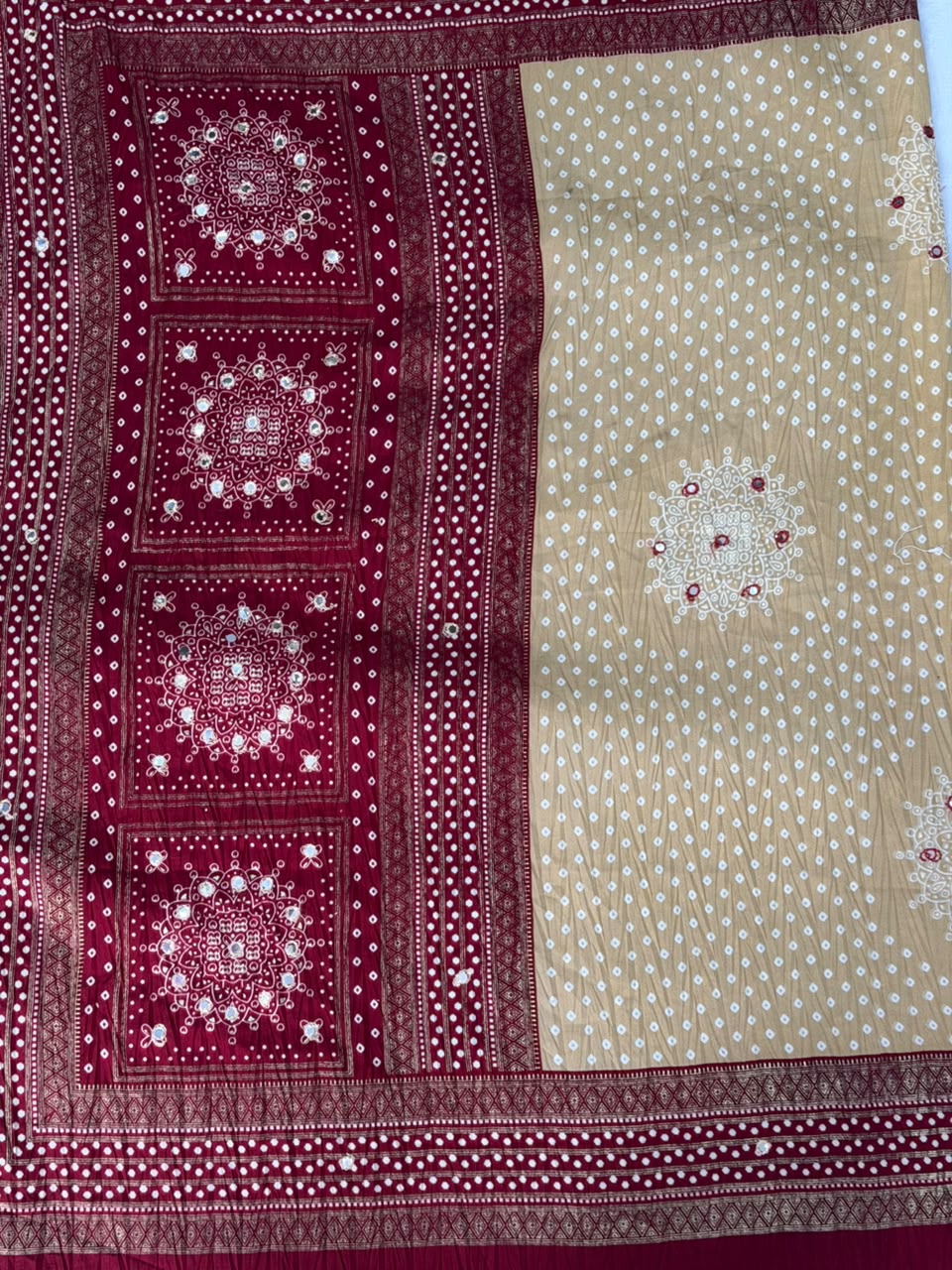 Crushed rich maroon and earthy beige palette Bandani Silk Saree with Mirror Work