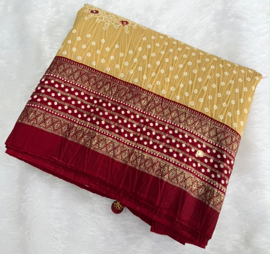 Crushed rich maroon and earthy beige palette Bandani Silk Saree with Mirror Work