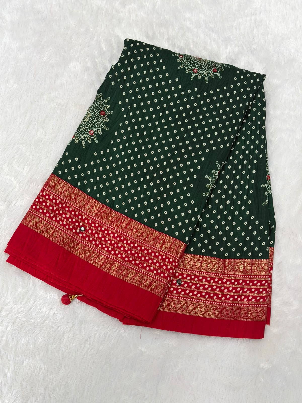 Crushed rich red and Dark green palette  Bandani Silk Saree with Mirror Work