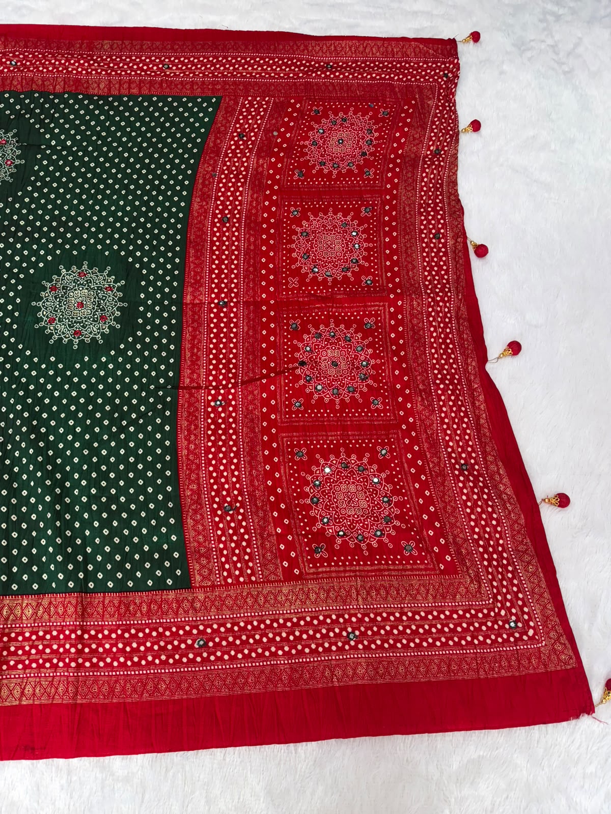 Crushed rich red and Dark green palette  Bandani Silk Saree with Mirror Work