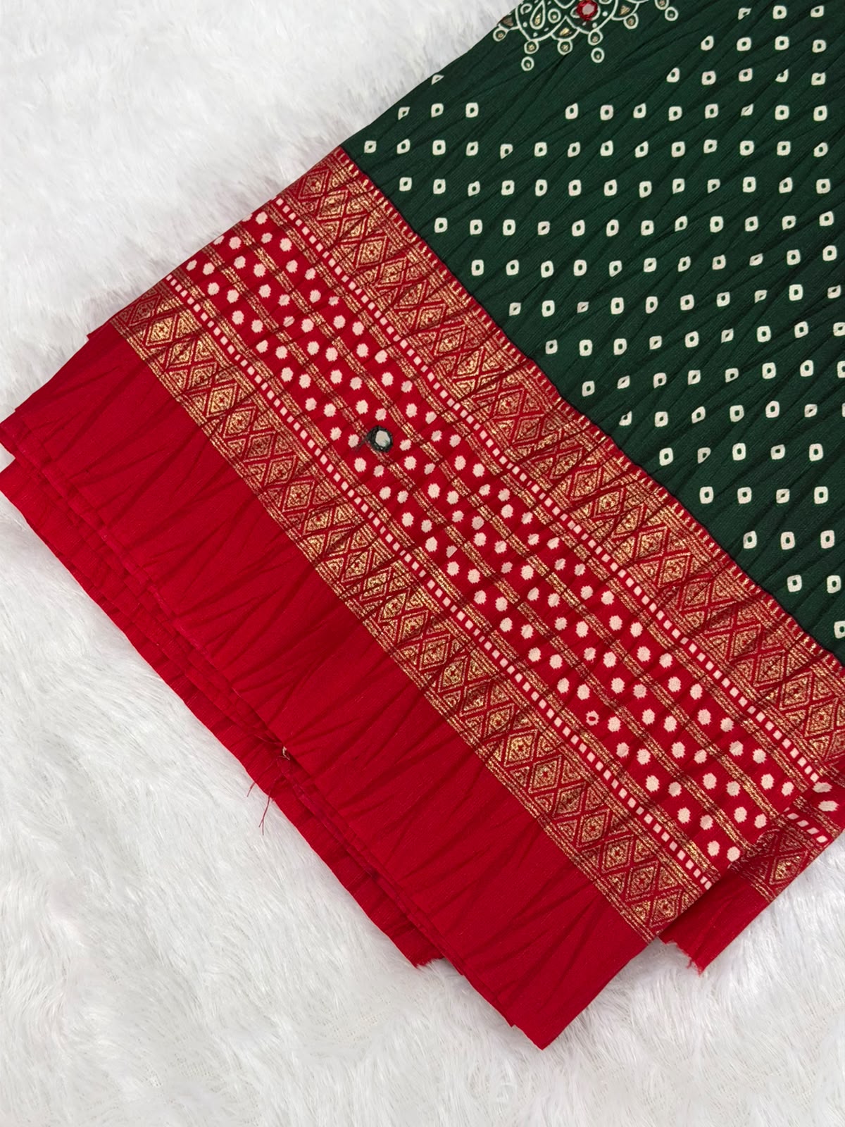 Crushed rich red and Dark green palette  Bandani Silk Saree with Mirror Work