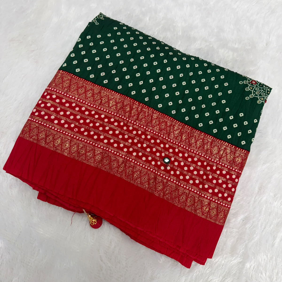 Crushed rich red and Dark green palette  Bandani Silk Saree with Mirror Work