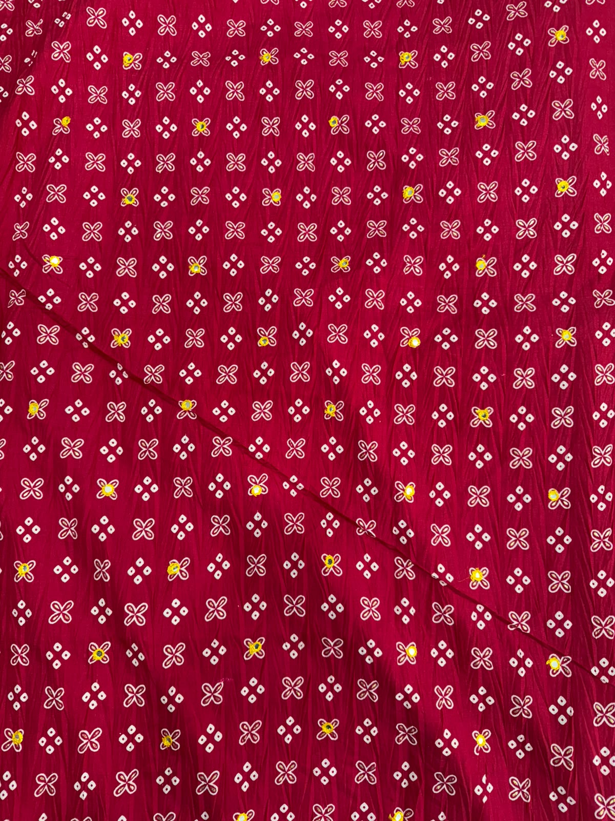 Crushed rich maroon and mustard yellow palette Bandani Silk Saree with Mirror Work