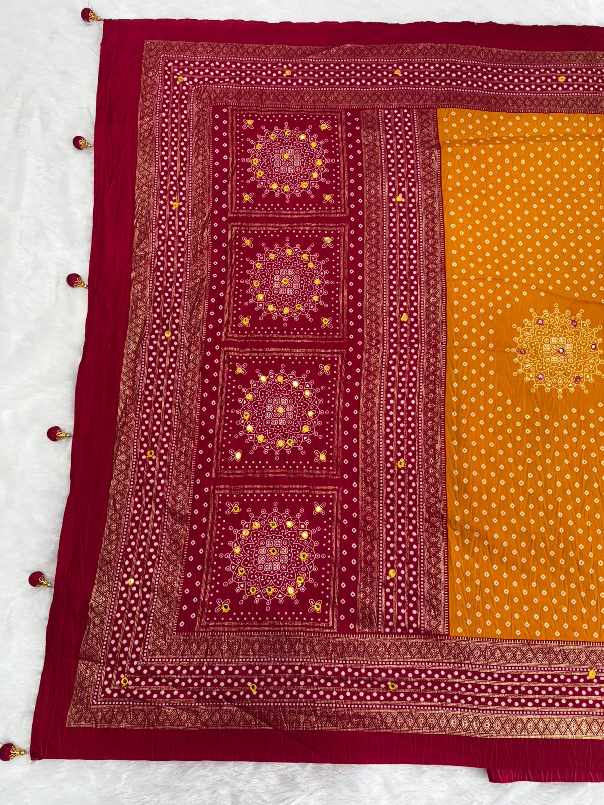 Crushed rich maroon and mustard yellow palette Bandani Silk Saree with Mirror Work