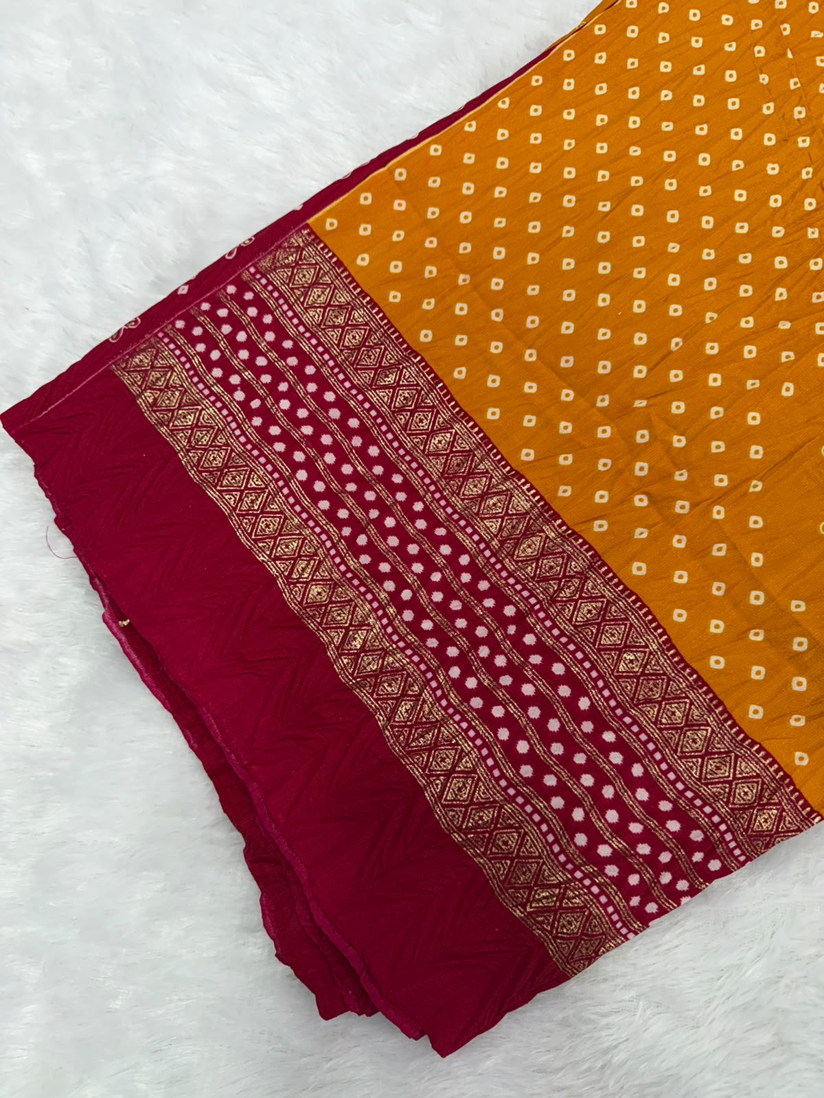 Crushed rich maroon and mustard yellow palette Bandani Silk Saree with Mirror Work