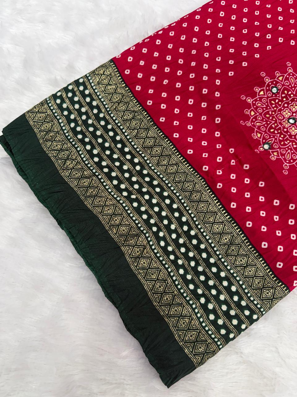 Crushed red and dark green palette Bandani Silk Saree with Mirror Work