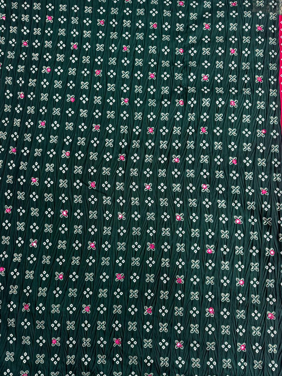 Crushed red and dark green palette Bandani Silk Saree with Mirror Work