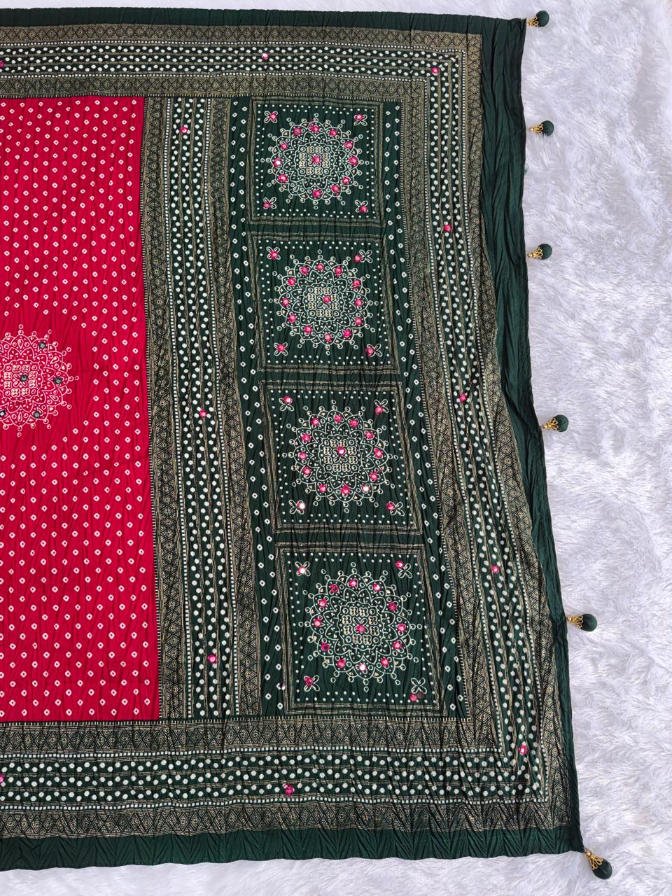 Crushed red and dark green palette Bandani Silk Saree with Mirror Work