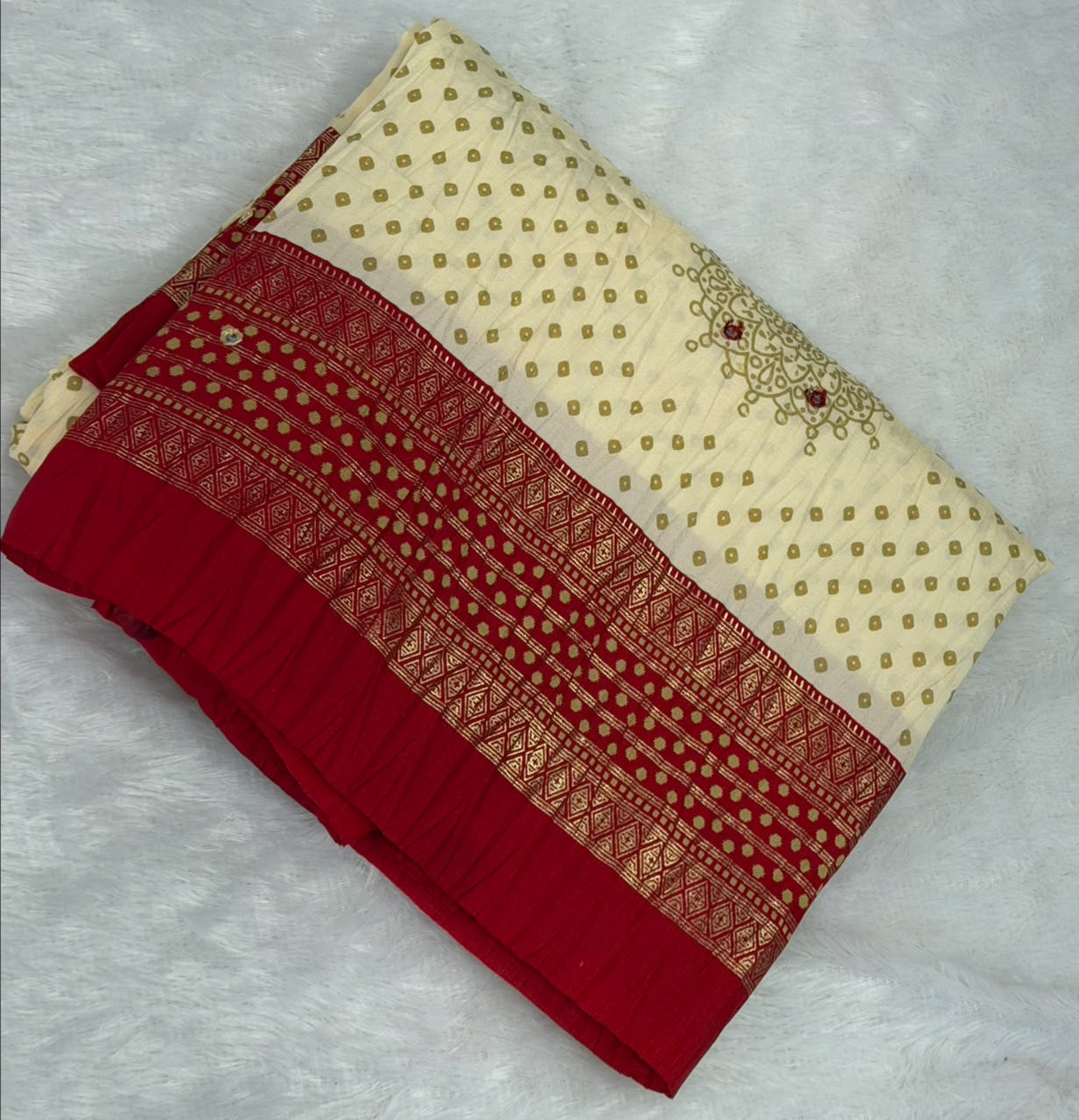 Crushed cream and red palette  Bandani Silk Saree with Mirror Work