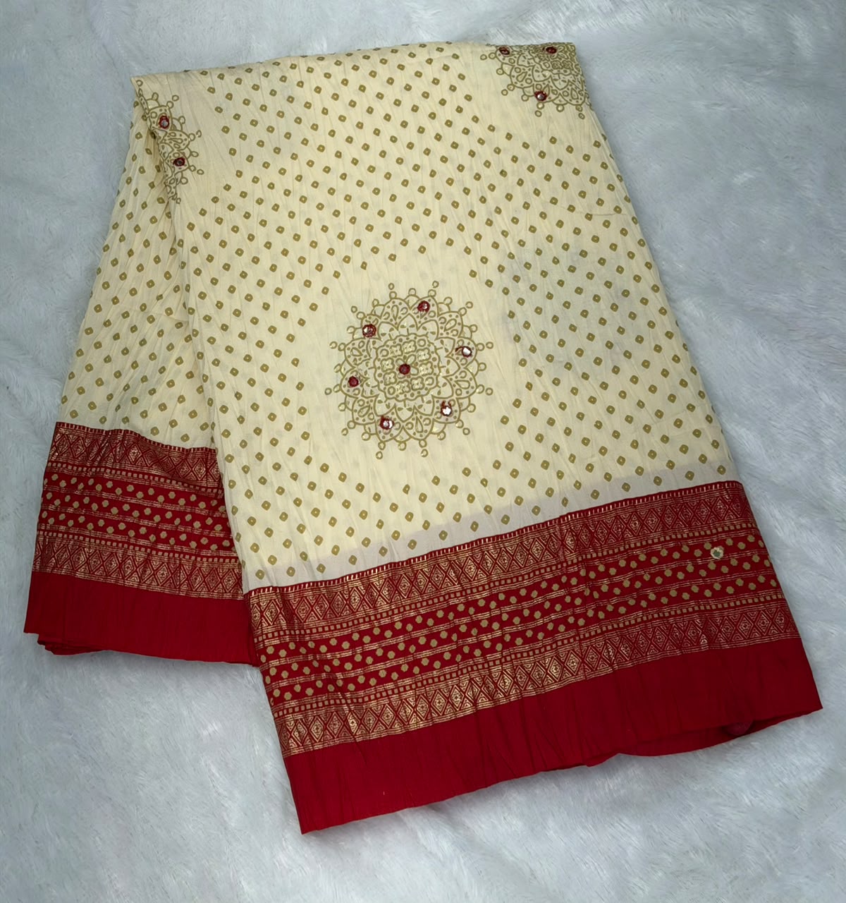 Crushed cream and red palette  Bandani Silk Saree with Mirror Work