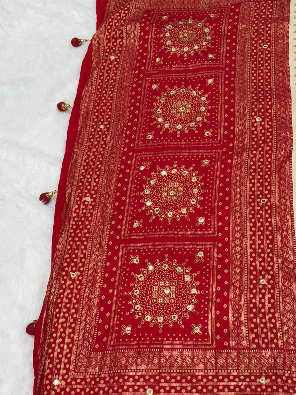 Crushed cream and red palette  Bandani Silk Saree with Mirror Work
