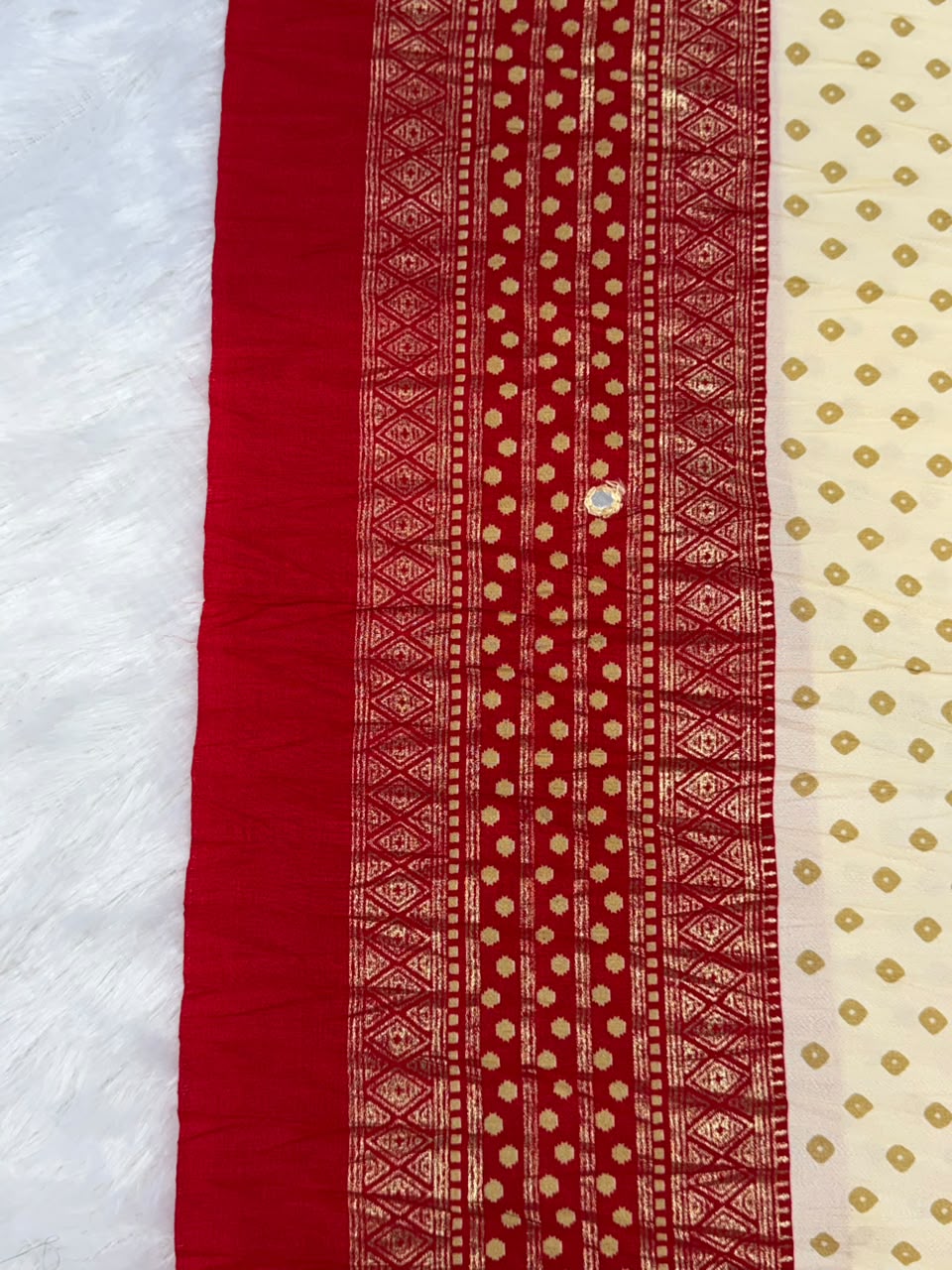 Crushed cream and red palette  Bandani Silk Saree with Mirror Work