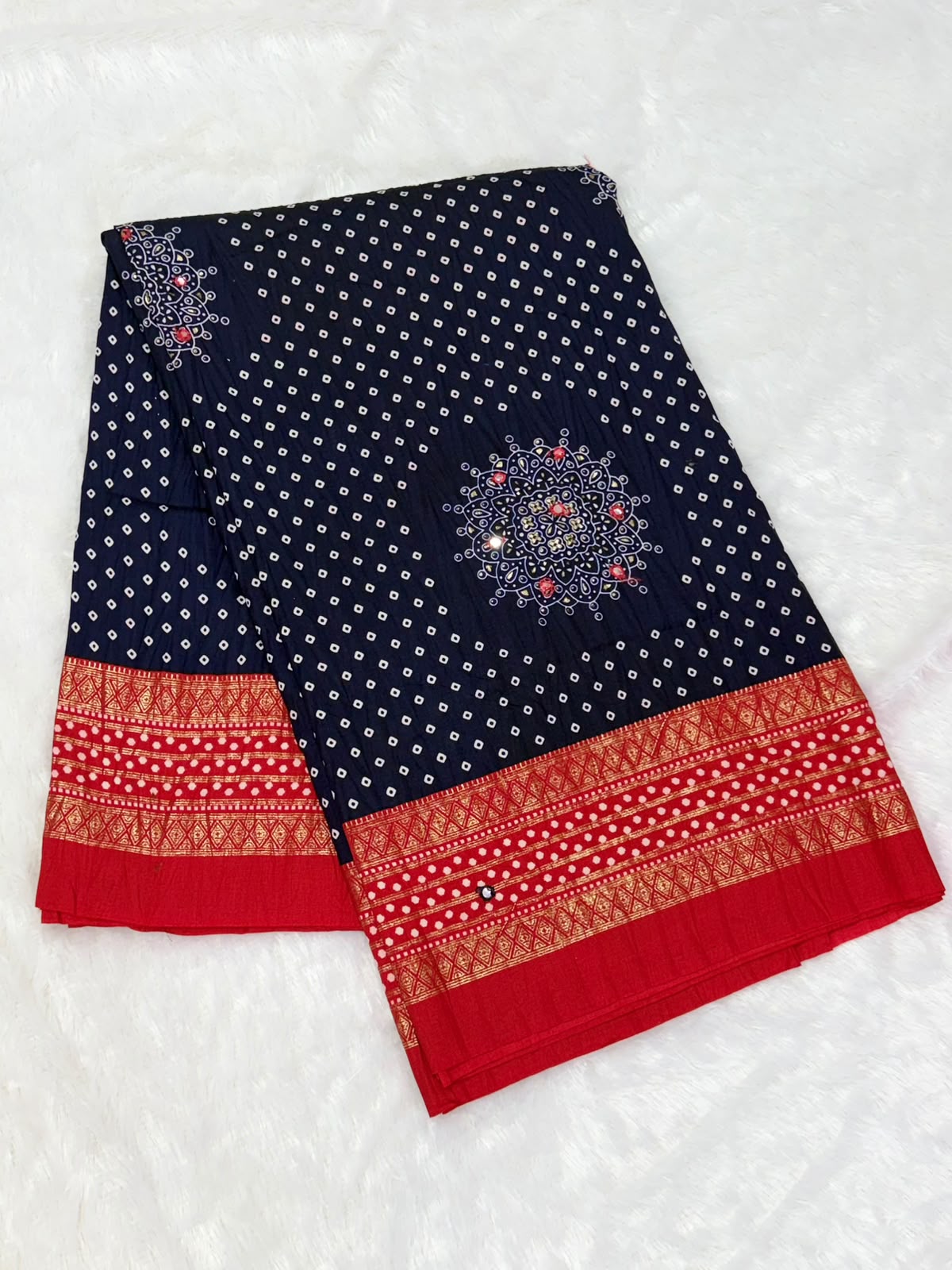 Crushed rich navy blue and rust red palette Bandani Silk Saree with Mirror Work