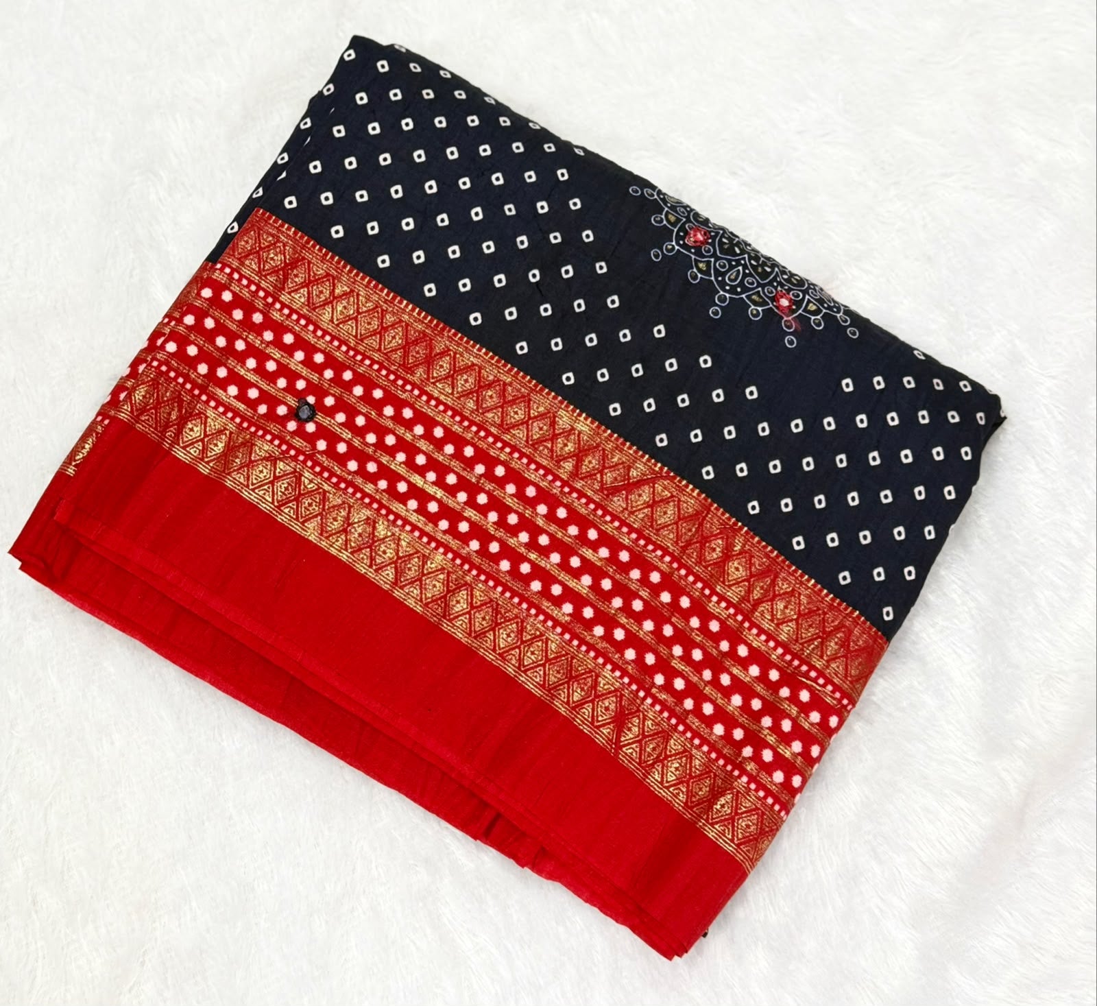 Crushed rich navy blue and rust red palette Bandani Silk Saree with Mirror Work