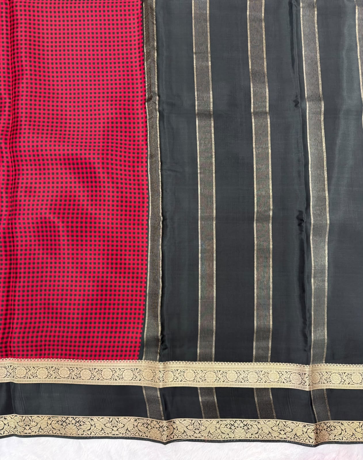 Crimson & Black Regal Checks – Premium Semi-Crepe Saree