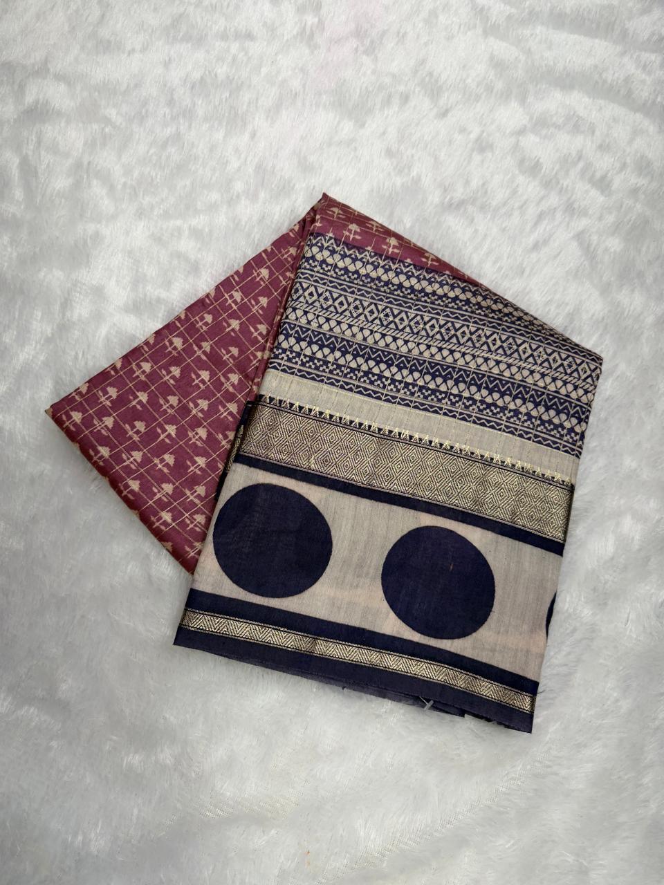 Wine Floral & Geometric Assamese Cotton Saree