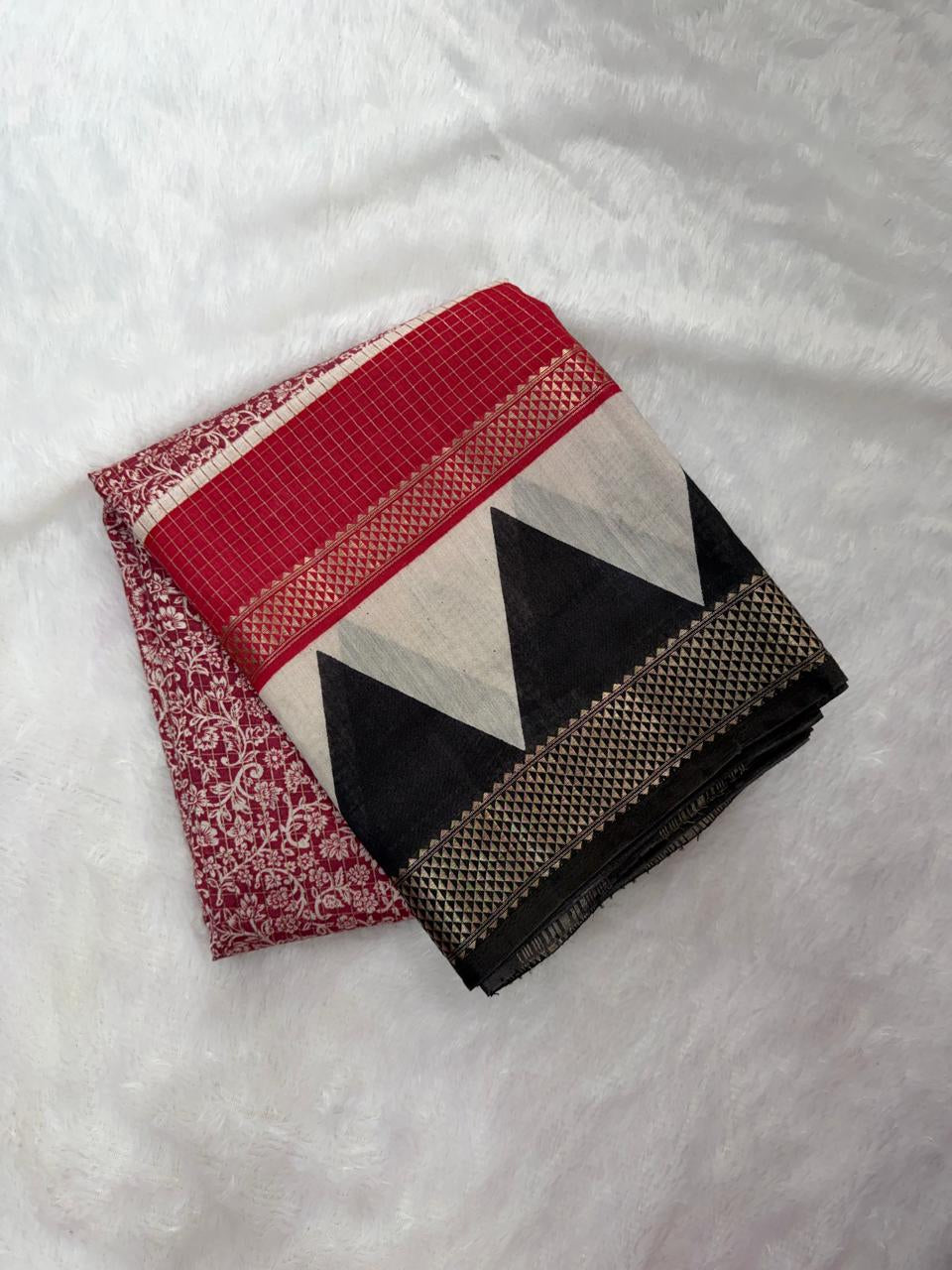 Wine Floral & Geometric Assamese Cotton Saree