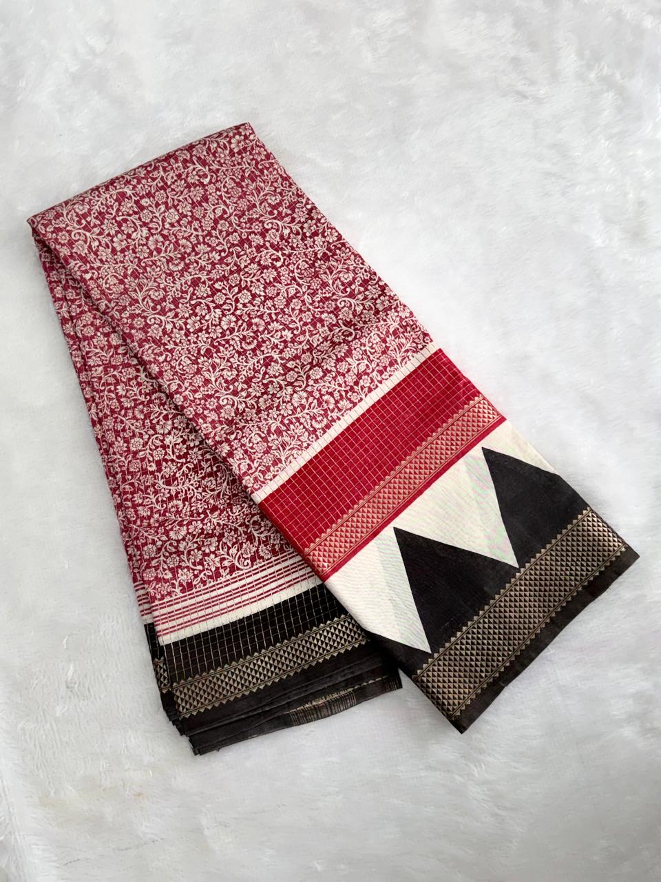 Wine Floral & Geometric Assamese Cotton Saree