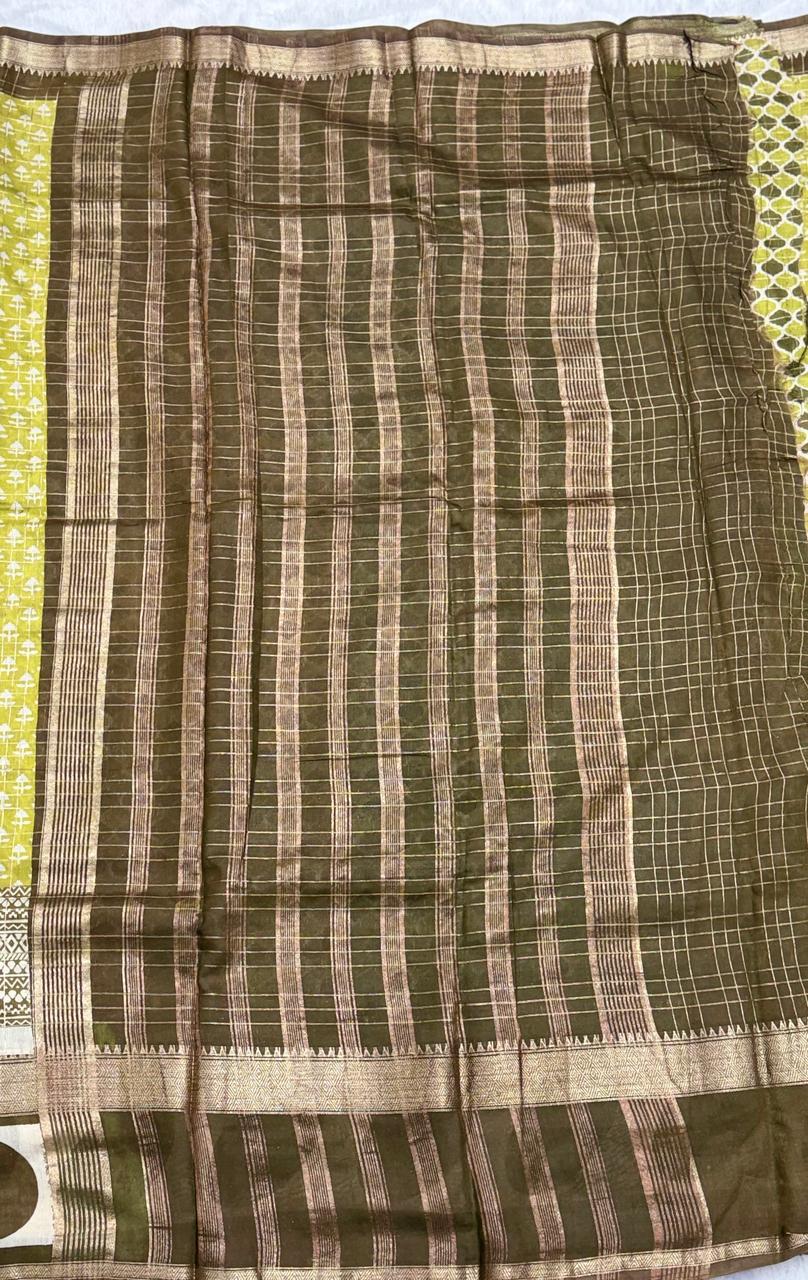 Olive Green & Cream Geometric Assamese Cotton Saree