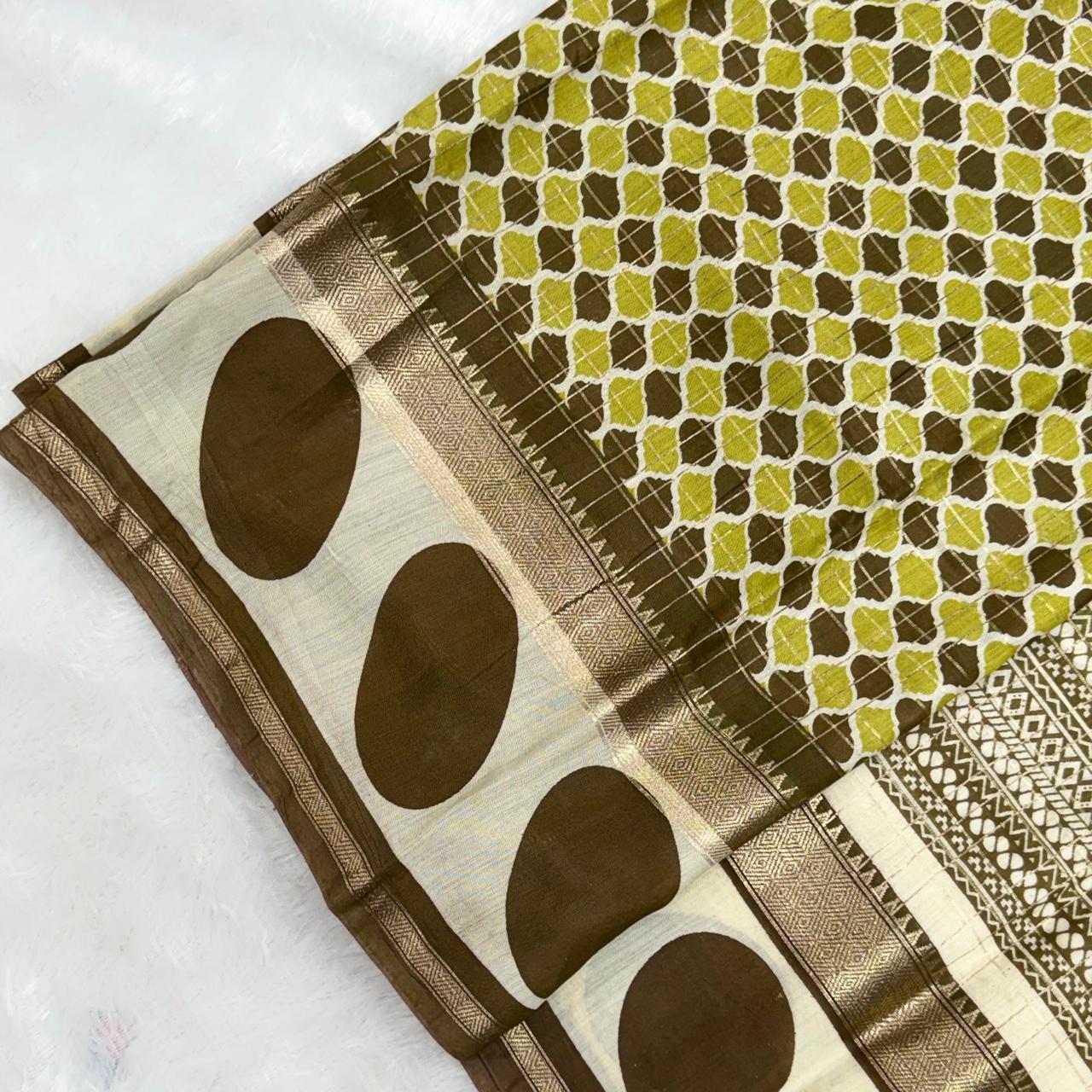 Olive Green & Cream Geometric Assamese Cotton Saree