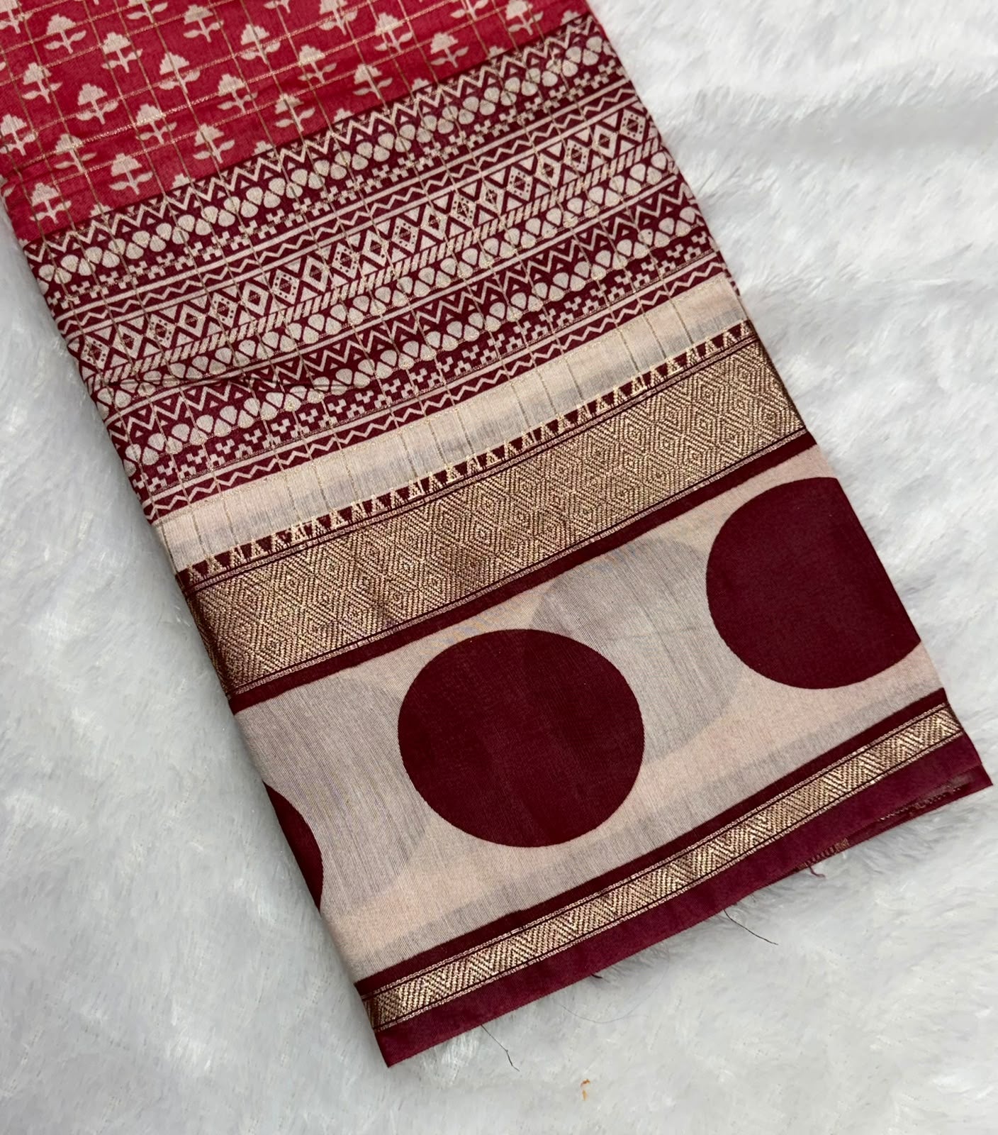 Deep Red & Beige Elegance Assamese Cotton Saree