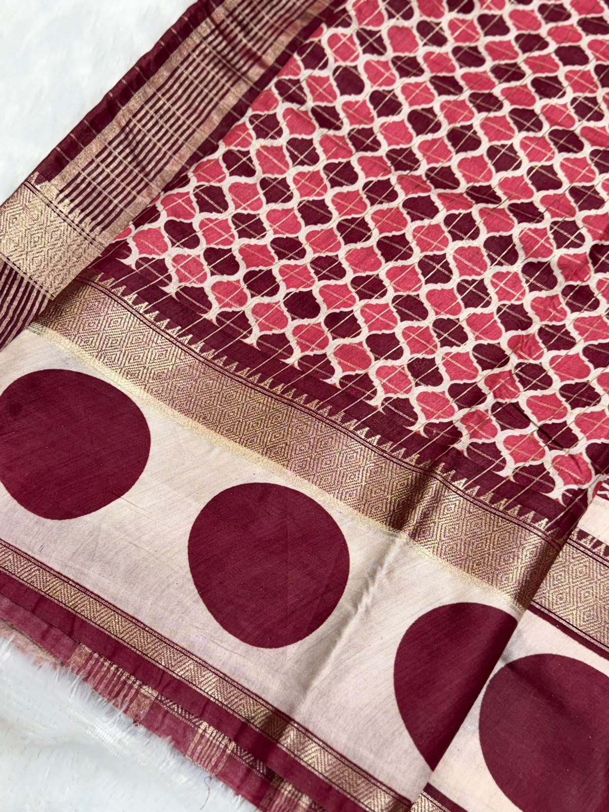 Deep Red & Beige Elegance Assamese Cotton Saree