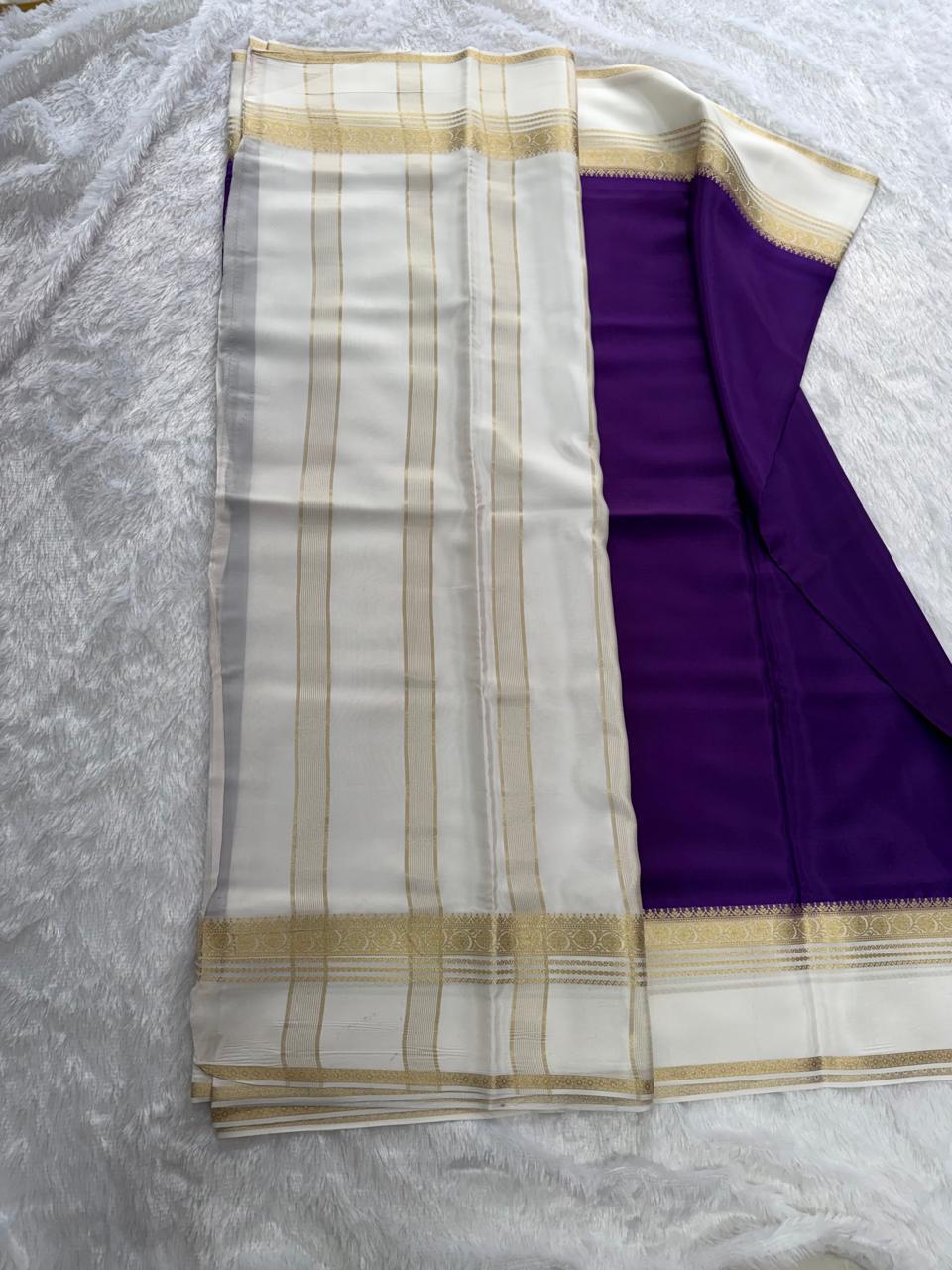 Vibrant Purple & White Gold Zari Semi-Premium Crepe Saree