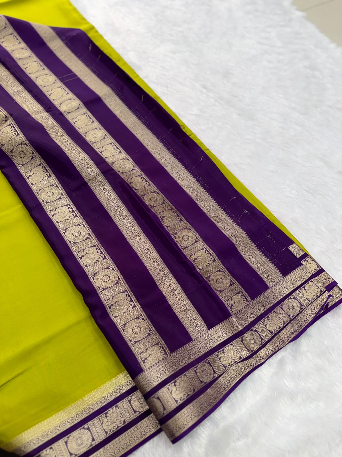 Chartreuse Green & Purple Gold Zari Semi-Crepe Saree