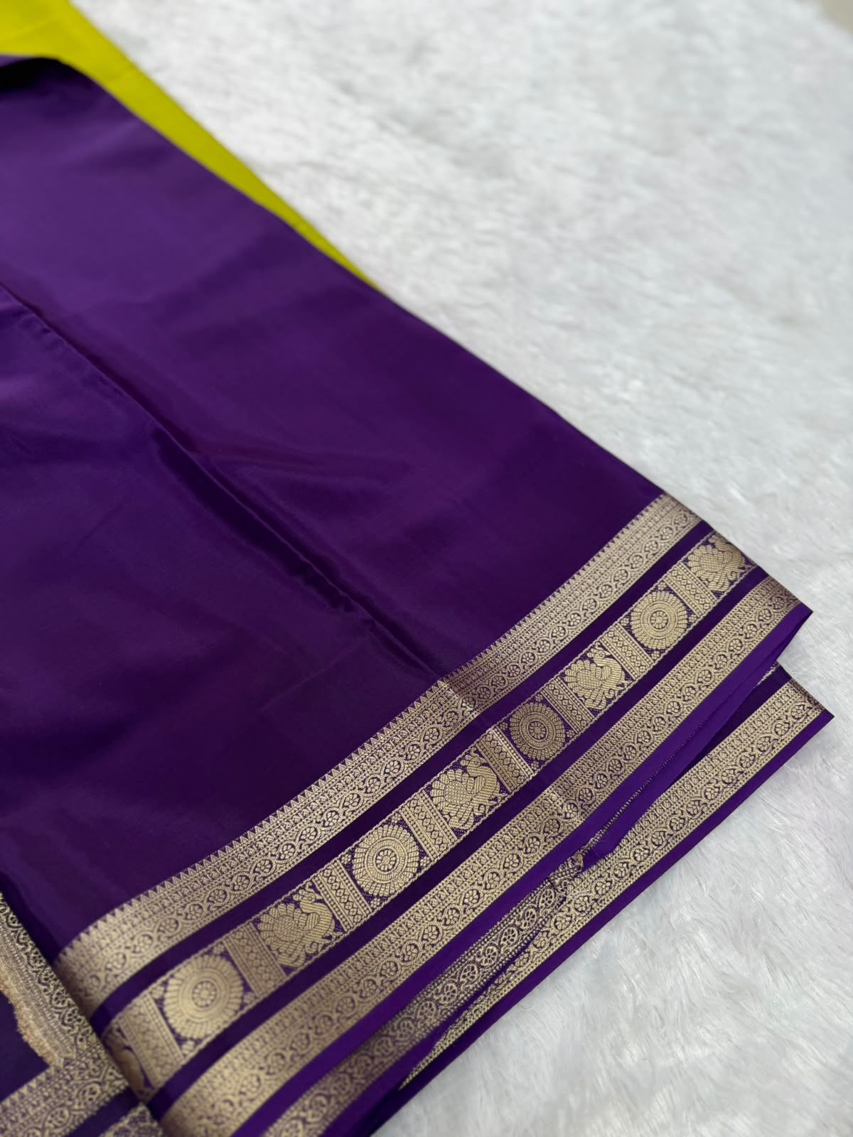 Chartreuse Green & Purple Gold Zari Semi-Crepe Saree